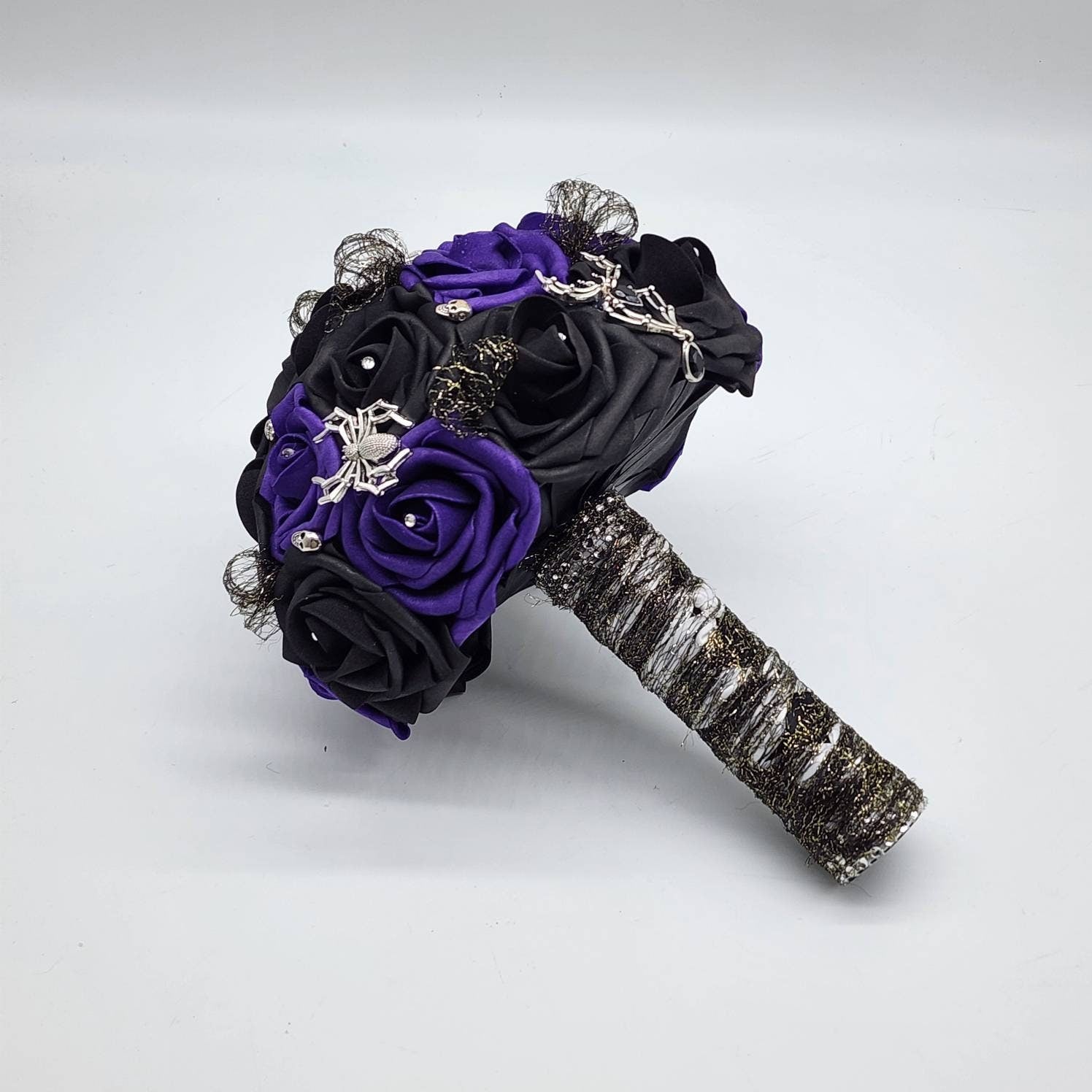 Black and White Spiderweb and Skull Bridal Bouquet,Available in 27 Colors,Halloween,Gothic, Boutonnieres and Corsages Available