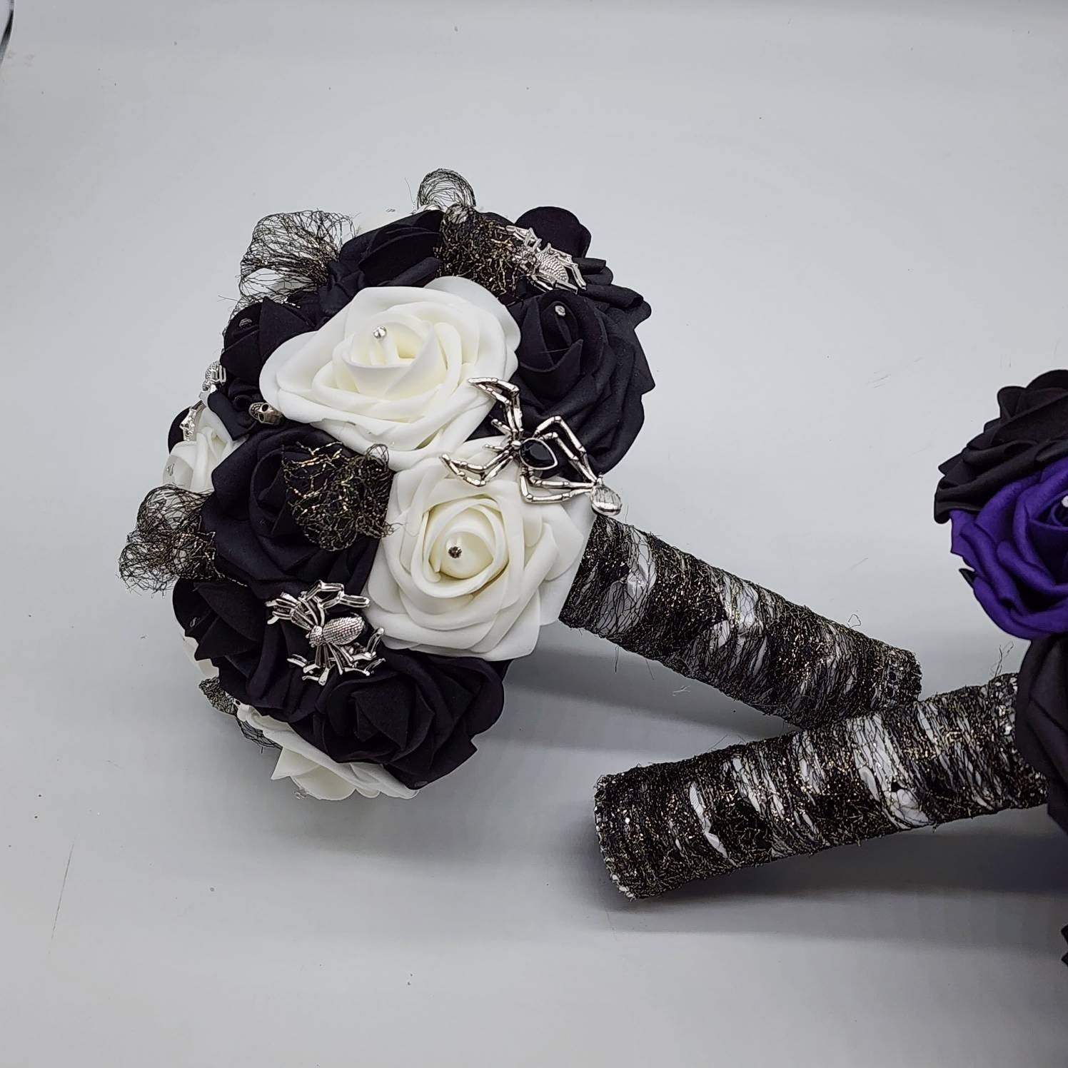 Dark purple and Black Spiderweb and Skull Bridal Bouquet,Available in 27 Colors,Halloween,Gothic, Boutonnieres and Corsages Available