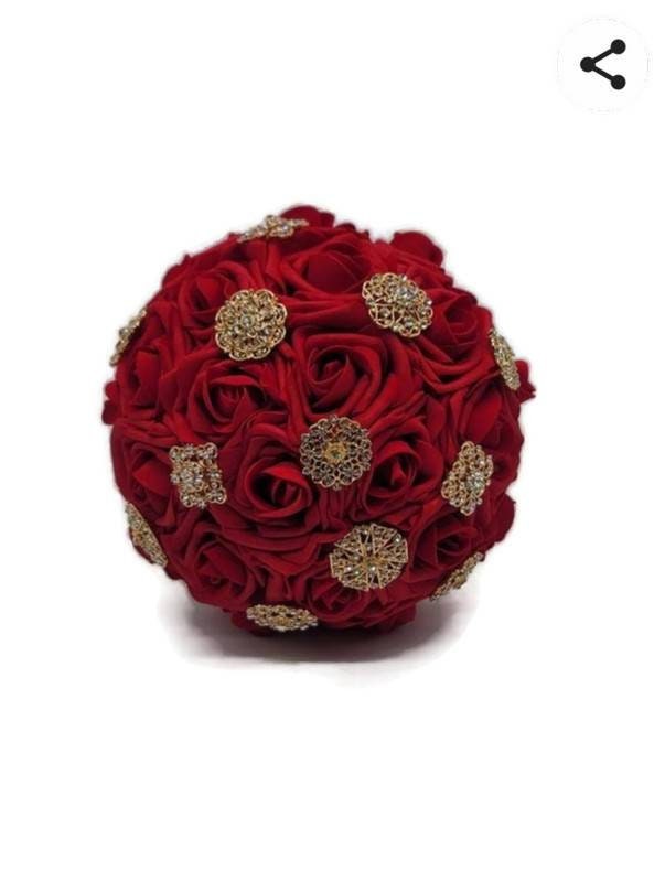 Red and Gold Brooch Bouquet or Bridesmaid Bouquet, Available in 27 colors,Matching Boutonnieres And Corsages available