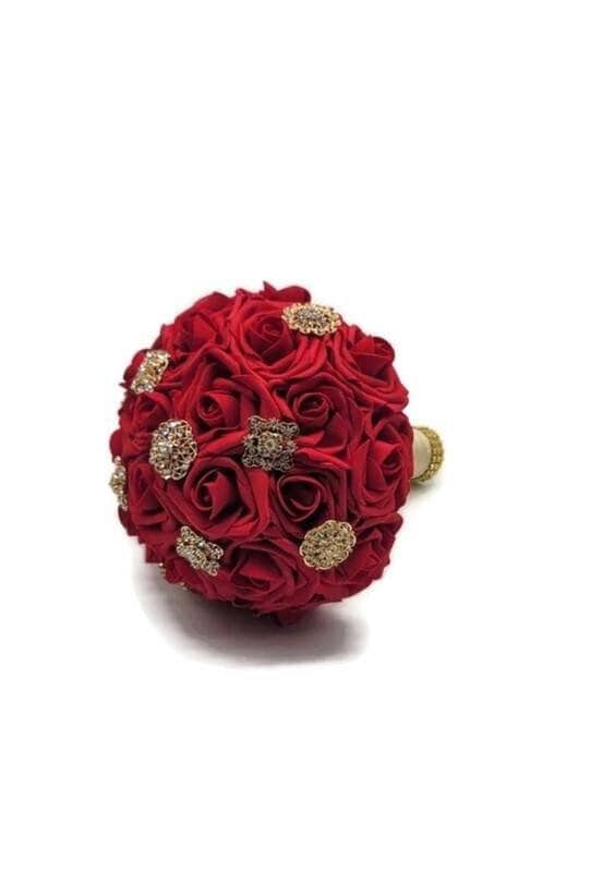 Red and Gold Brooch Bouquet or Bridesmaid Bouquet, Available in 27 colors,Matching Boutonnieres And Corsages available
