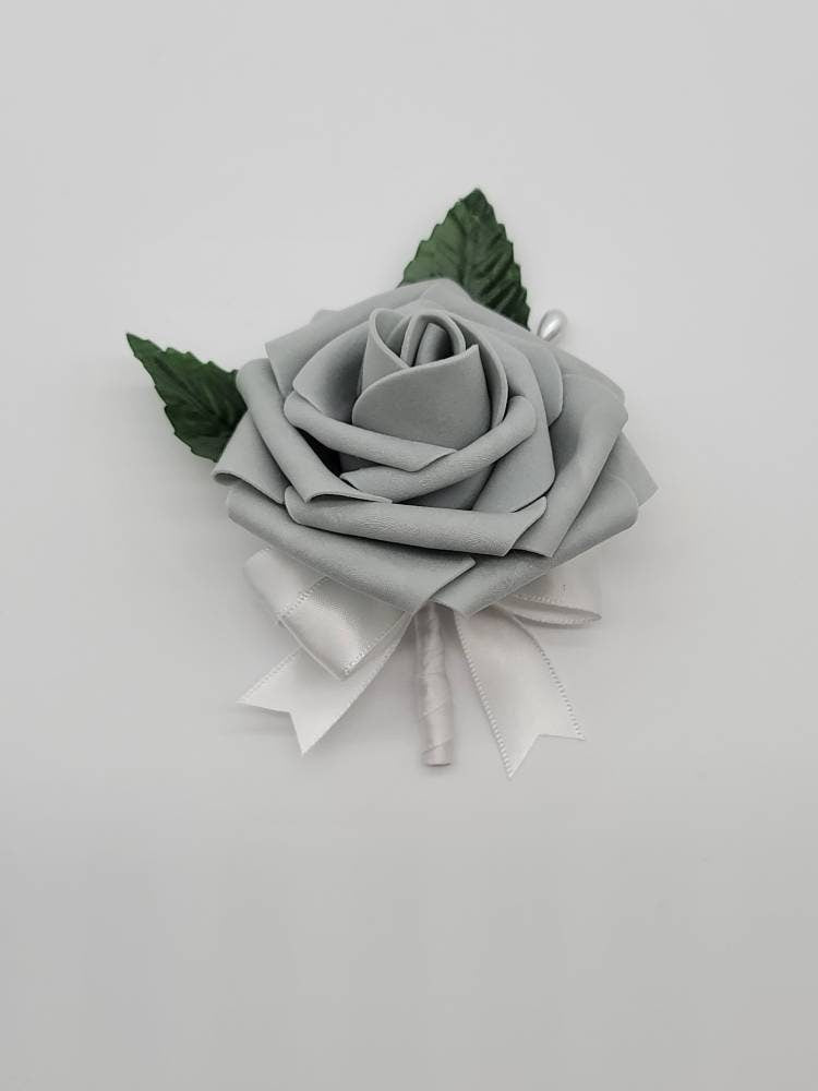 Gray and white Boutonnieres And Corsages,27 Colors Available, Corsages Available In Pin On And Wrist,Matching Bouquets Available