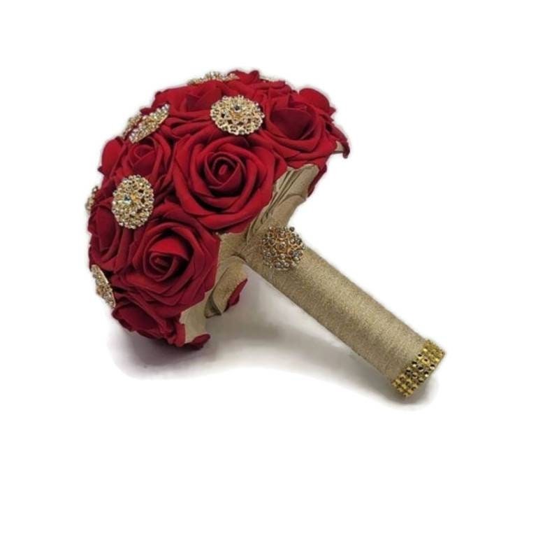 Red and Gold Brooch Bouquet or Bridesmaid Bouquet, Available in 27 colors,Matching Boutonnieres And Corsages available
