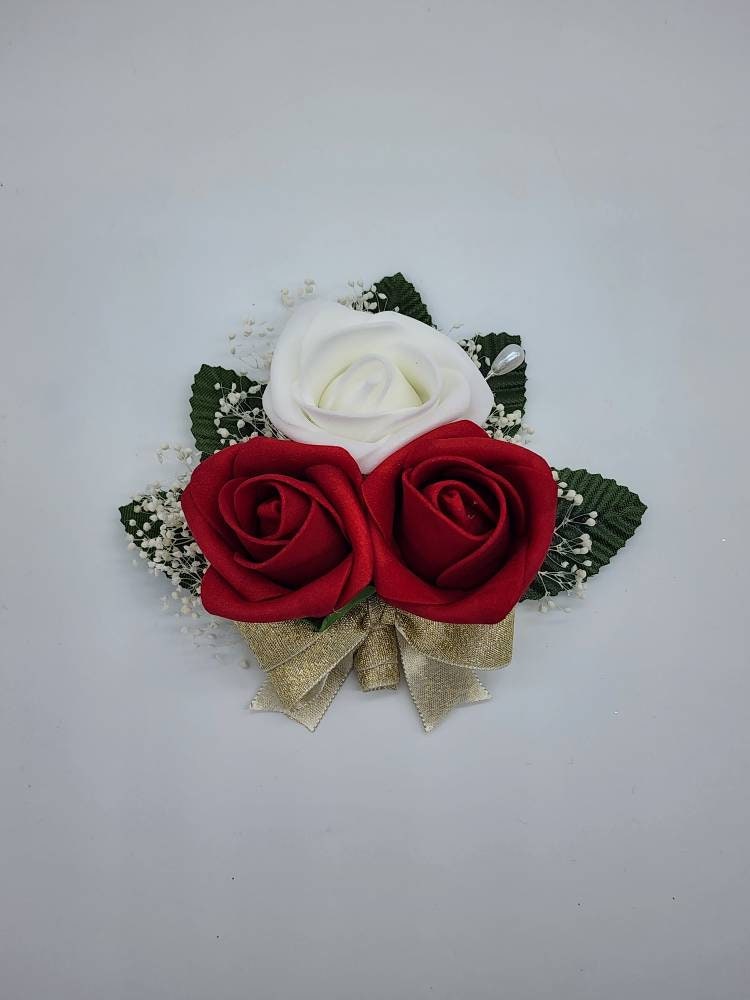 Red And White Boutonnieres And Corsages, Available In 27 Colors, Corsages Available In Pin On And Wrist, Matching Bouquets Available