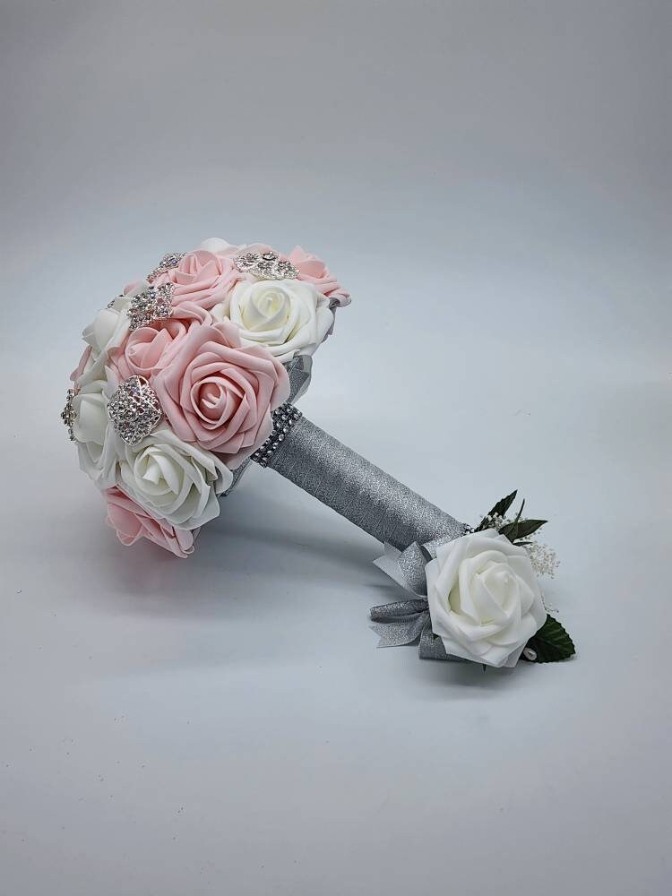 Blush and White Brooch Bouquet, Bridesmaid Bouquet, Available in 27 colors,Matching Boutonnieres And Corsages available