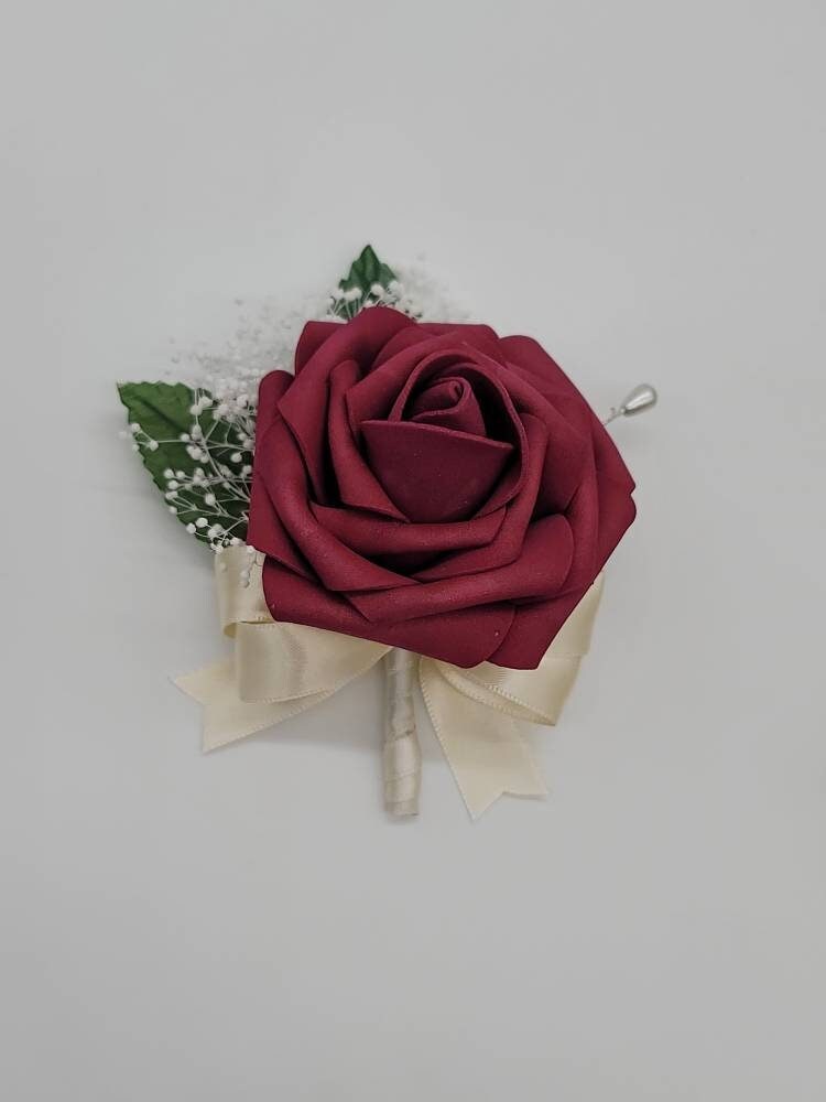 Burgundy And ivory Boutonnieres And Corsages,27 Colors Available, Corsages Available In Pin On And Wrist,Matching Bouquets Available