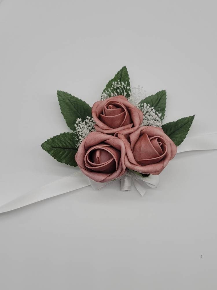 Dusty rose And white Boutonnieres And Corsages, Available In 27 Colors, Corsages Available In Pin On And Wrist, Matching Bouquets Available