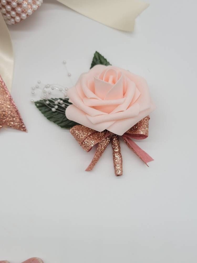 Blush and Rose gold Boutonnieres And Corsages, Available In 27 Colors, Corsages Available In Pin On And Wrist, Matching Bouquets Available