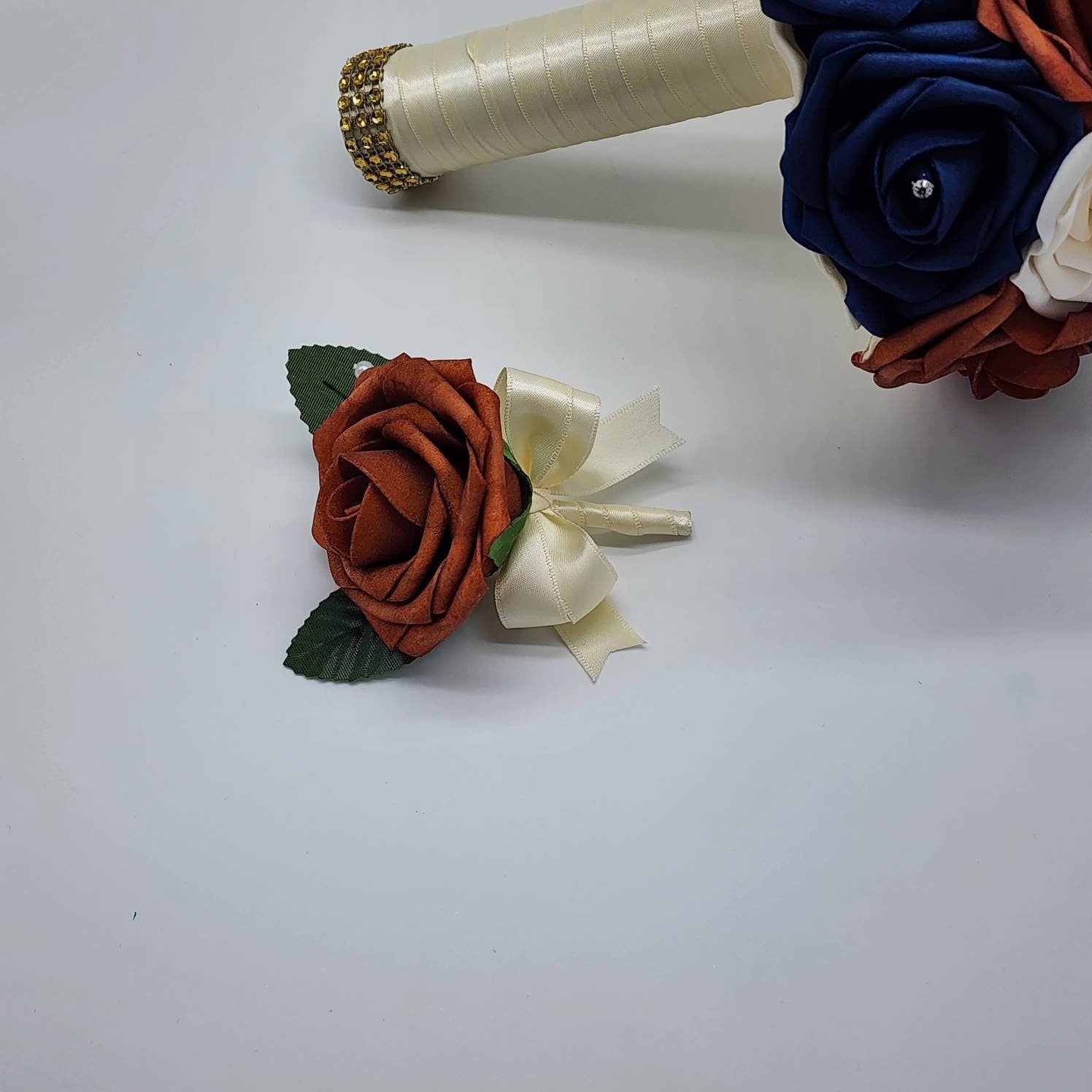 Ivory, Navy, & Burnt Orange Wedding Bouquet Made w/ Real Touch Roses, Bridal Bouquet, Bridesmaid Bouquet/ Matching Boutonniere and Corsages
