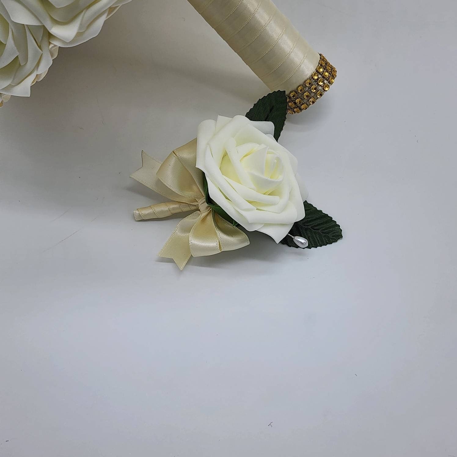 Ivory Wedding Bouquet Made With Real Touch Roses, Bridal Bouquet, Bridesmaid Bouquet and Matching Boutonnieres and Corsages Available