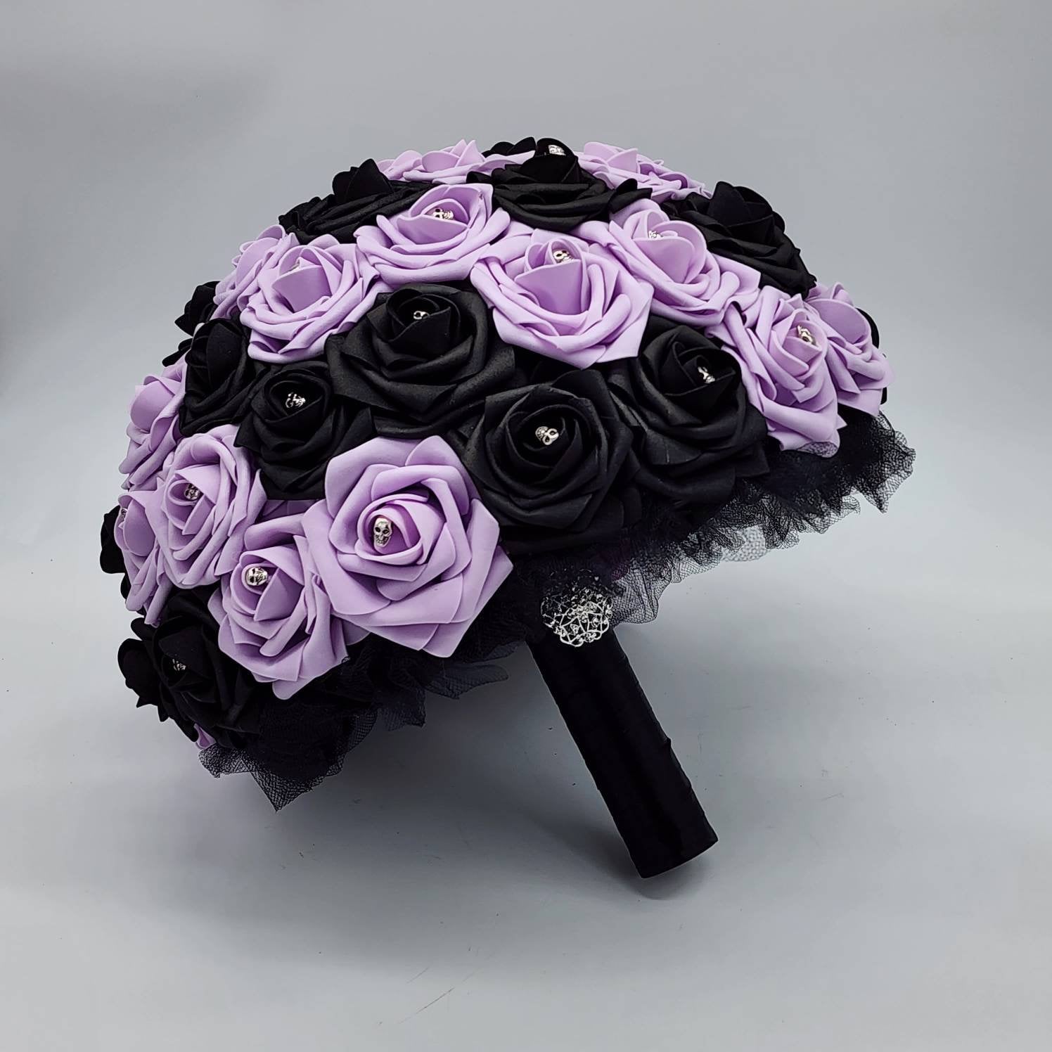 Gothic Skull Black and Lilac Wedding Bouquet, Bridal Bouquet, Bridesmaid Bouquet, Corsages and Boutonnieres, Halloween Wedding