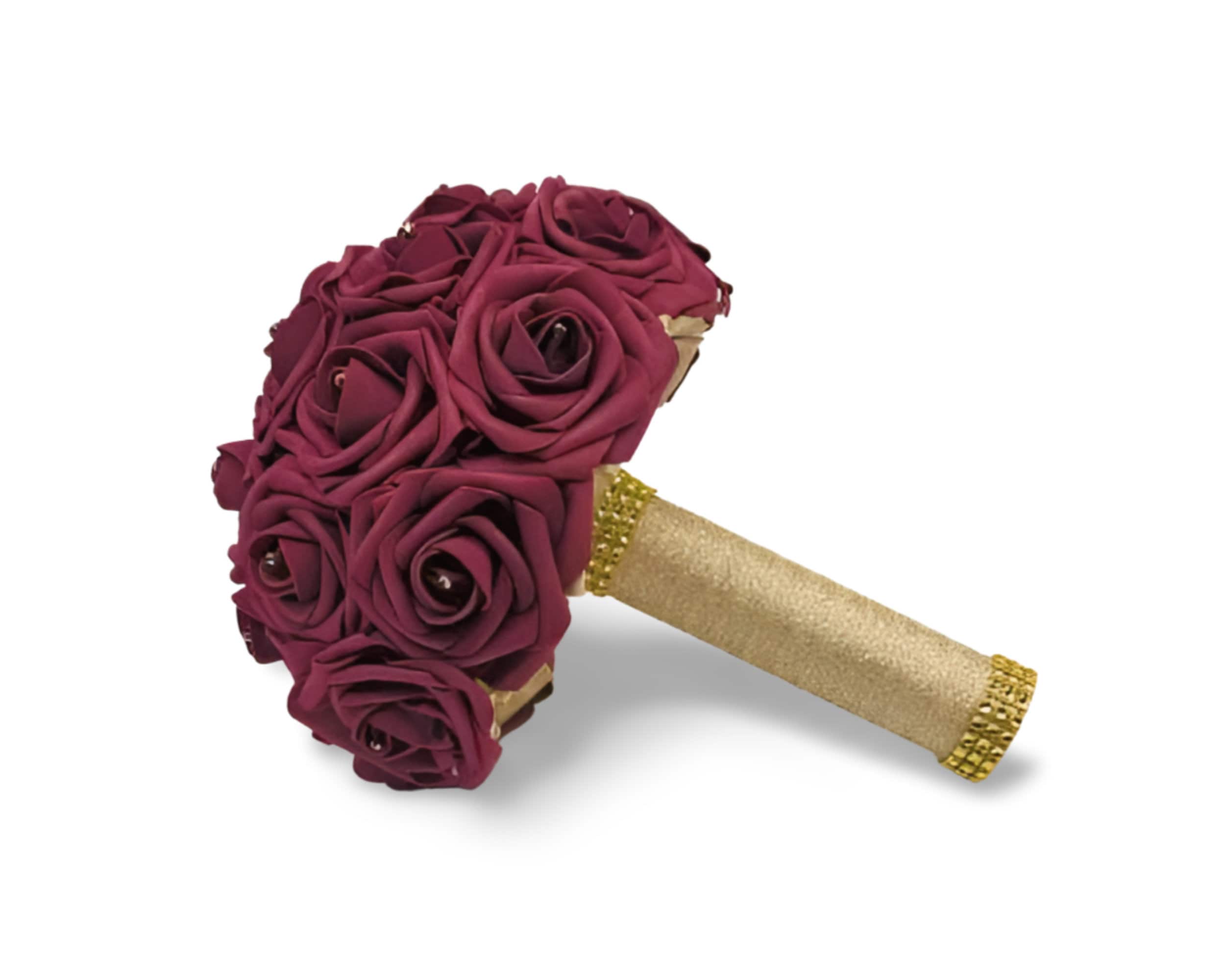 Burgundy and Gold Wedding Bouquet Made With Real Touch Roses, Bridal Bouquet, Bridesmaid Bouquet and Matching Boutonnieres and Corsages