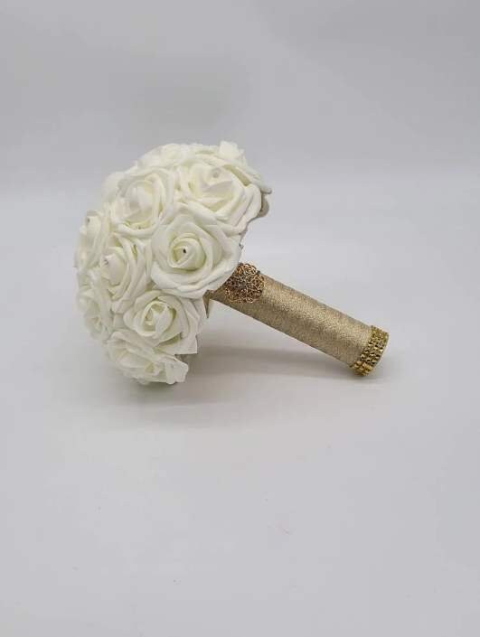 Ivory and Gold Wedding Bouquet Made With Real Touch Roses, Bridal Bouquet, Bridesmaid Bouquet and Matching Boutonnieres and Corsages
