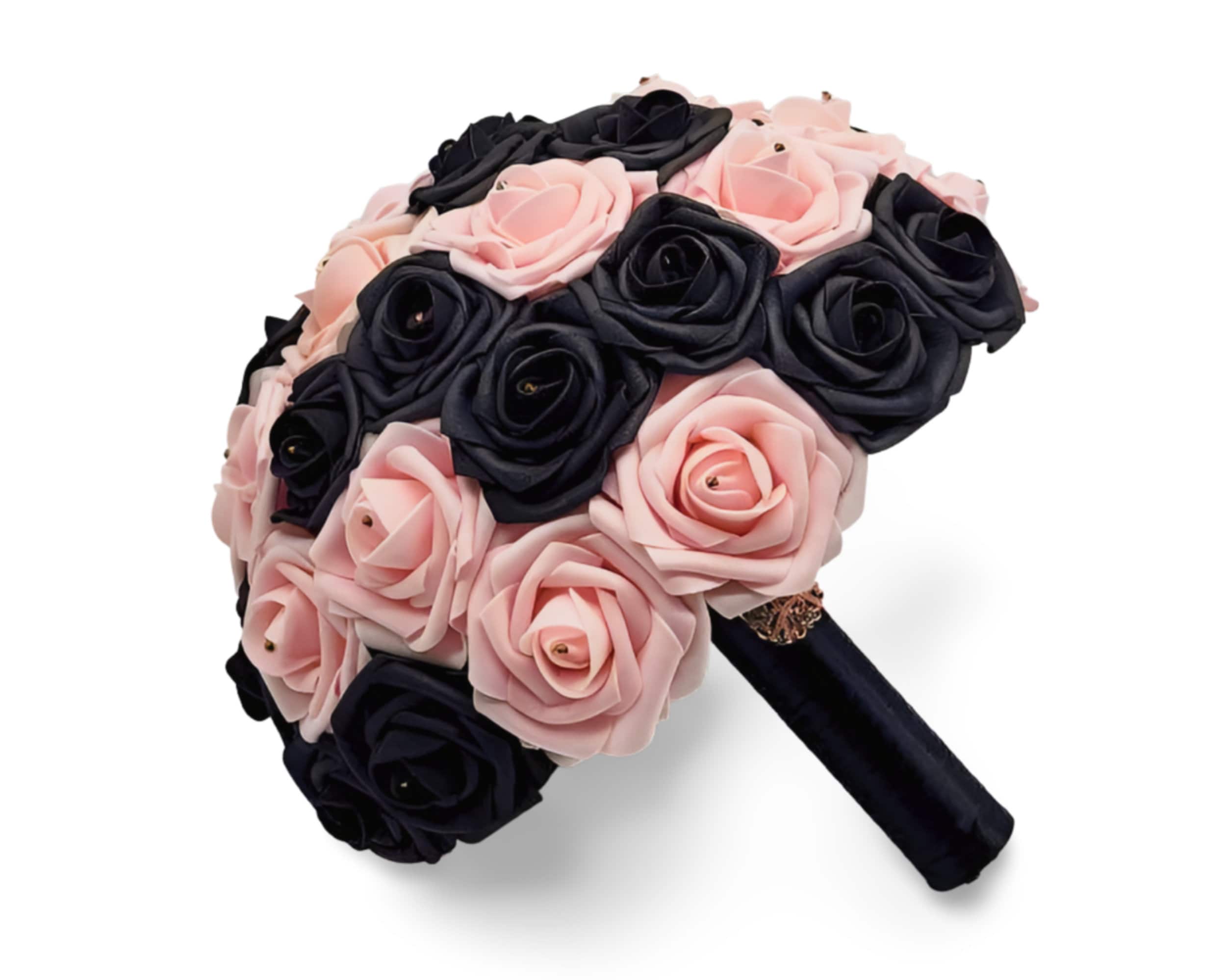 Blush Pink and Black Wedding Bouquet-Real Touch Roses-Modern Romantic Bridal-Gothic Elegant-Custom Colors-Matching Boutonnieres & Corsages