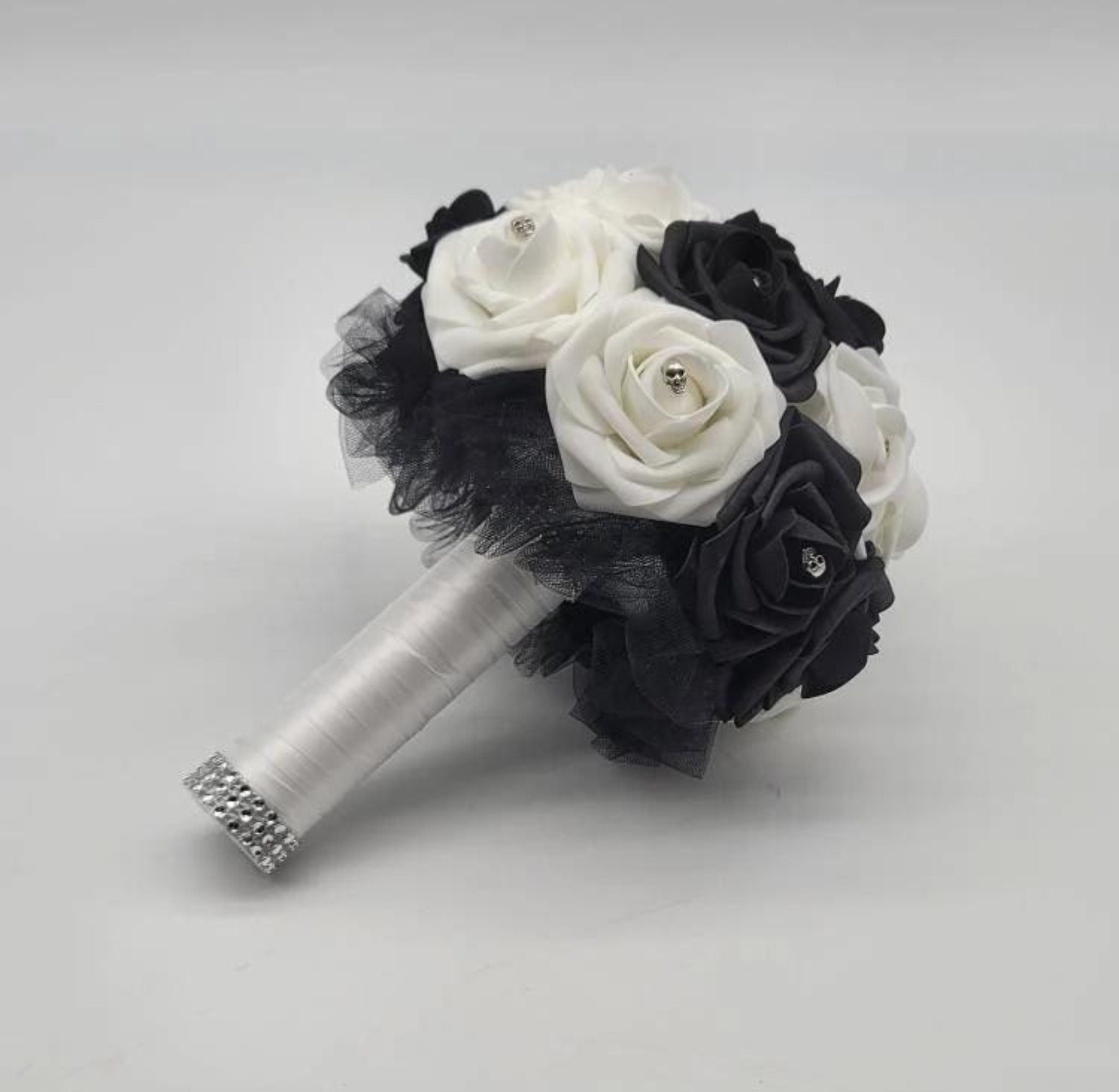 Gothic Skull White and Black Boutonnieres and Corsages, Corsages are Available in Pin on Or Wrist, Matching Bouquets Available