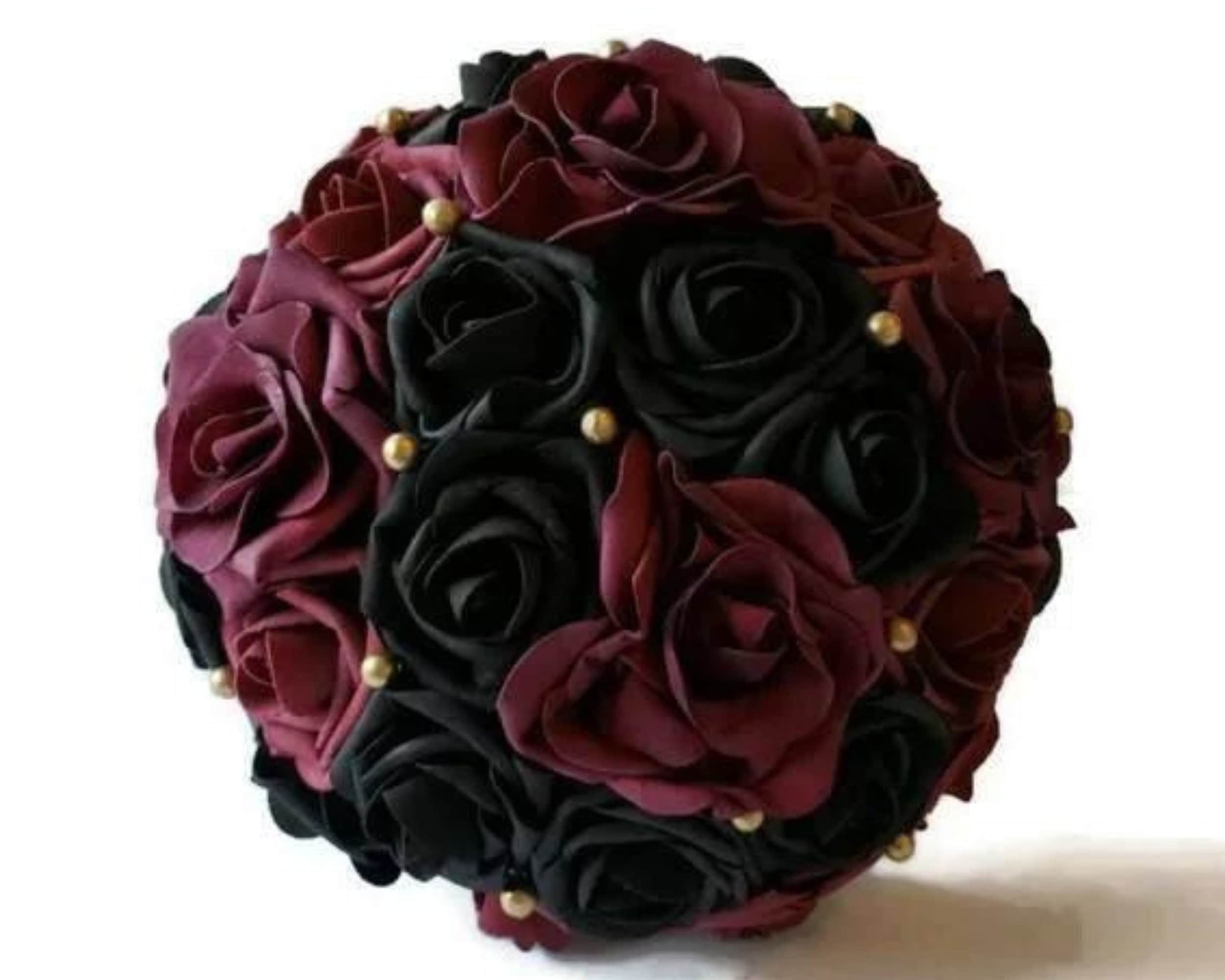 Burgundy and Black Wedding Bouquet Made With Real Touch Roses, Bridal Bouquet, Bridesmaid Bouquet and Matching Boutonnieres and Corsages