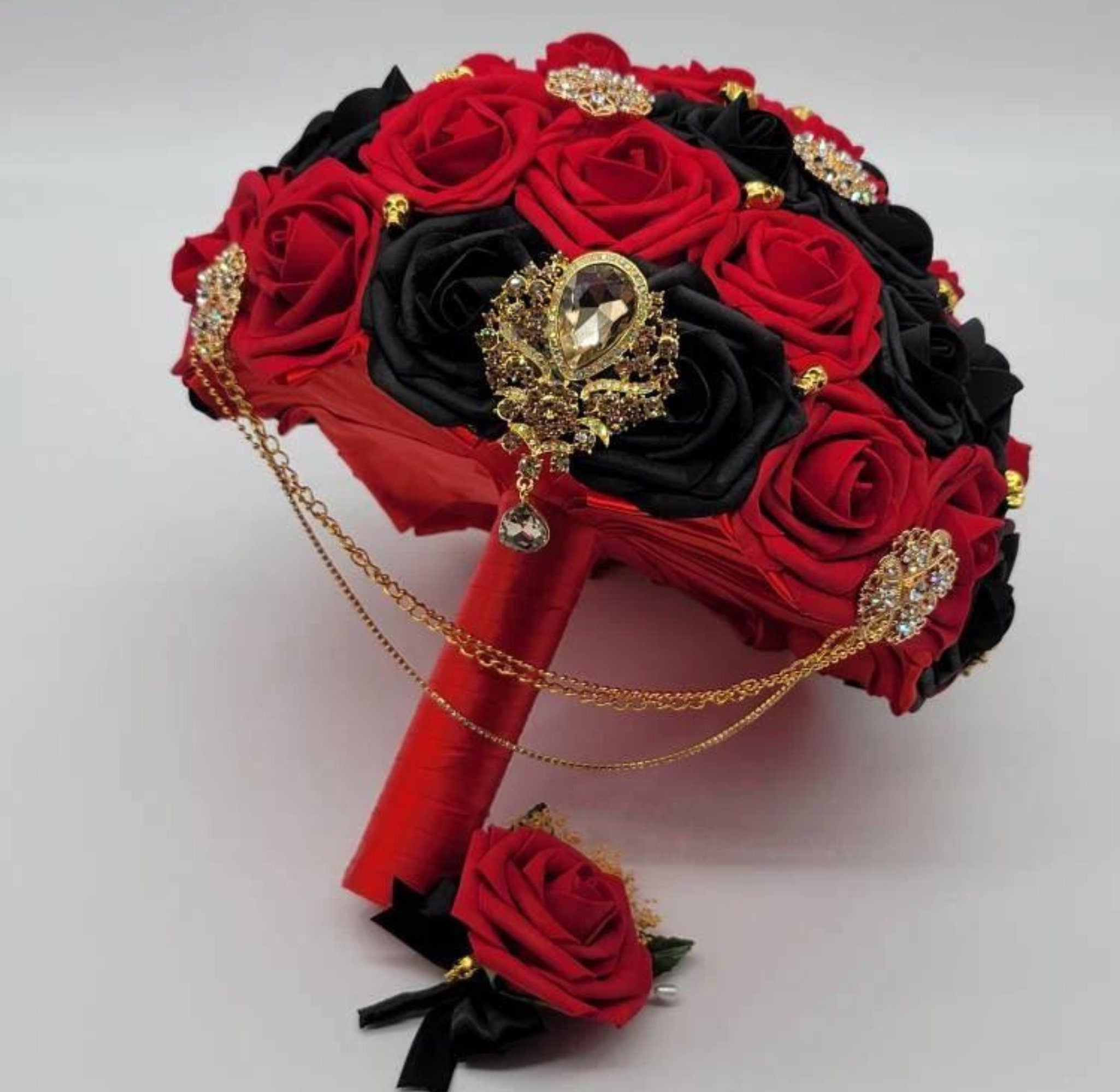 Gothic Skull Red And Black Boutonnieres and Corsage, Corsage Available in Pin on or Wrist