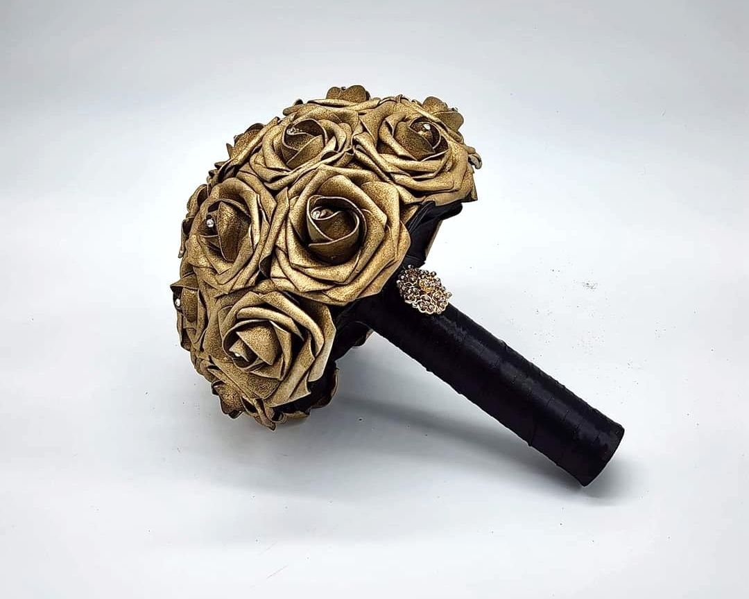 Gold and Black Wedding Bouquet Made With Real Touch Roses, Bridal Bouquet, Bridesmaid Bouquet and Matching Boutonnieres and Corsages
