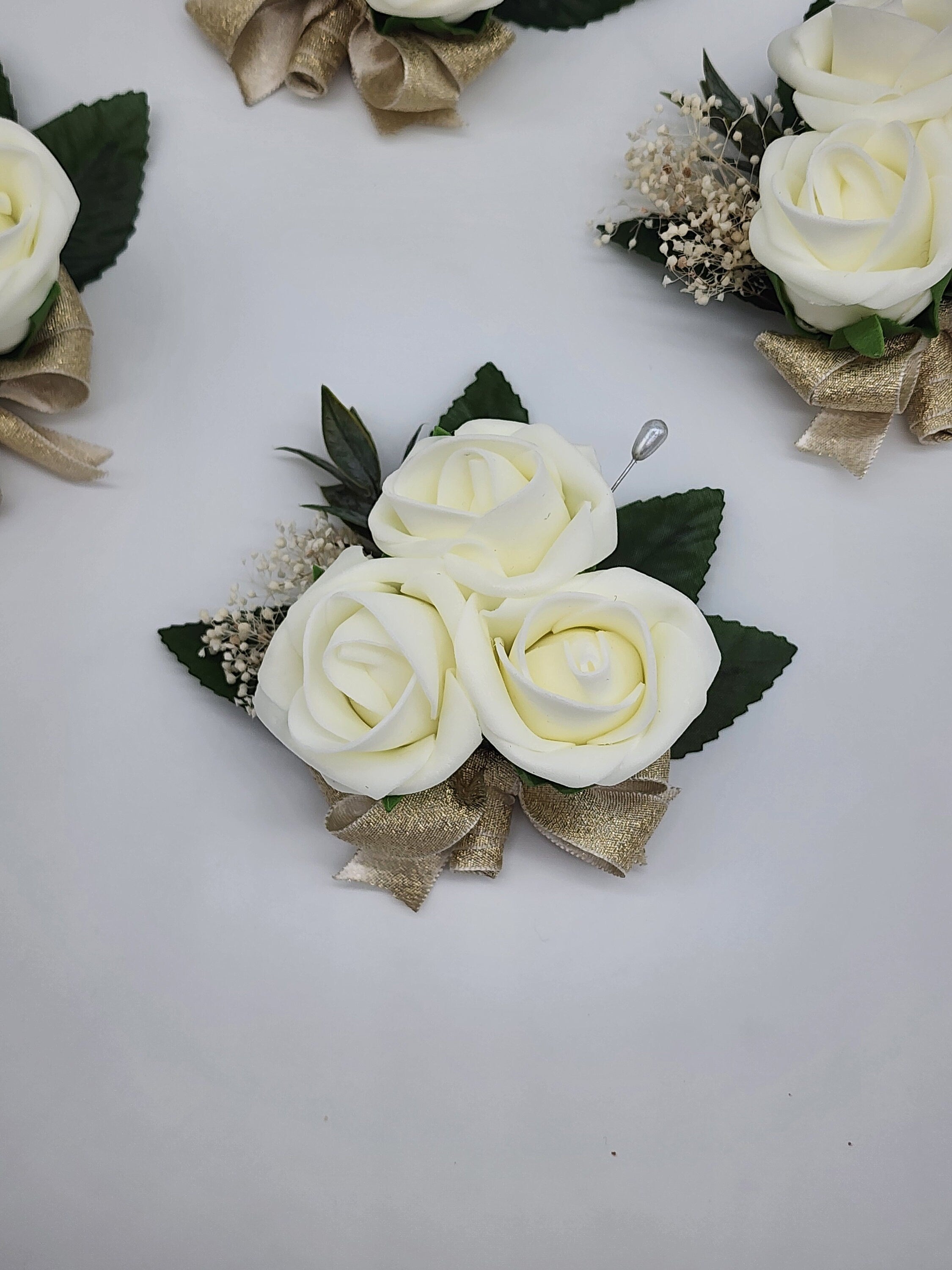 Ivory And Gold Boutonniere With Eucalyptus And Babais Breath, Matching Corsages And Bouquets Available, 26 Colors Available,