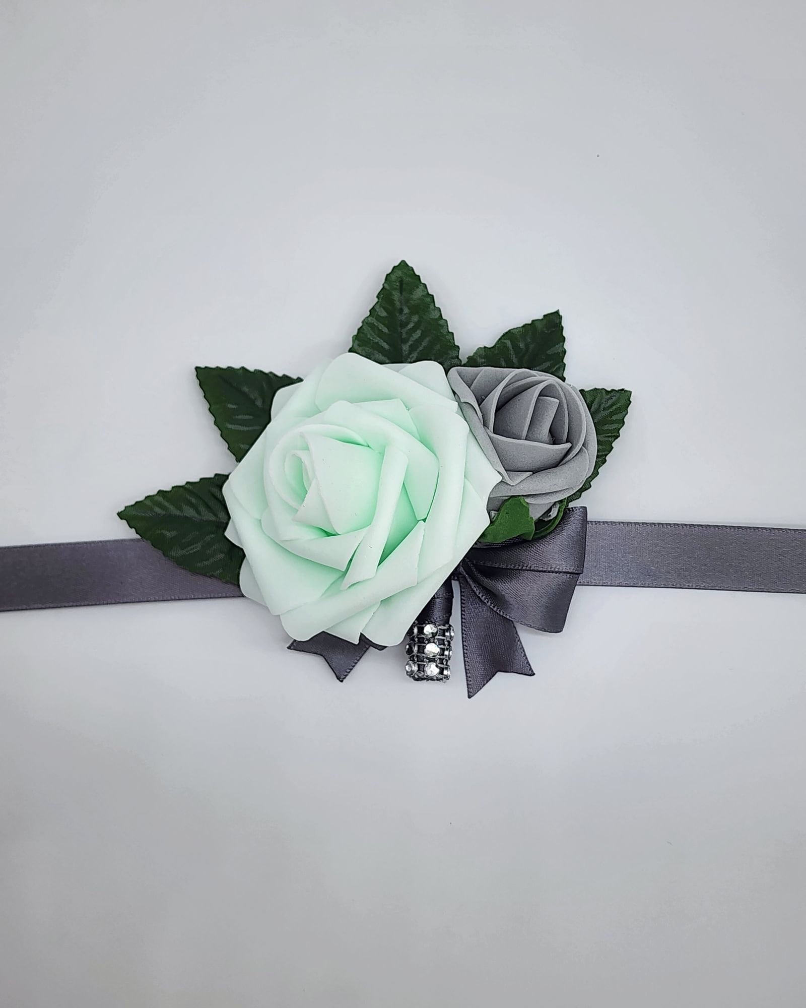 Mint and gray Boutonnieres And Corsages,Available In 27 Colors, Corsages Are Available In Pin On And Wrist, Matching Bouquets Available
