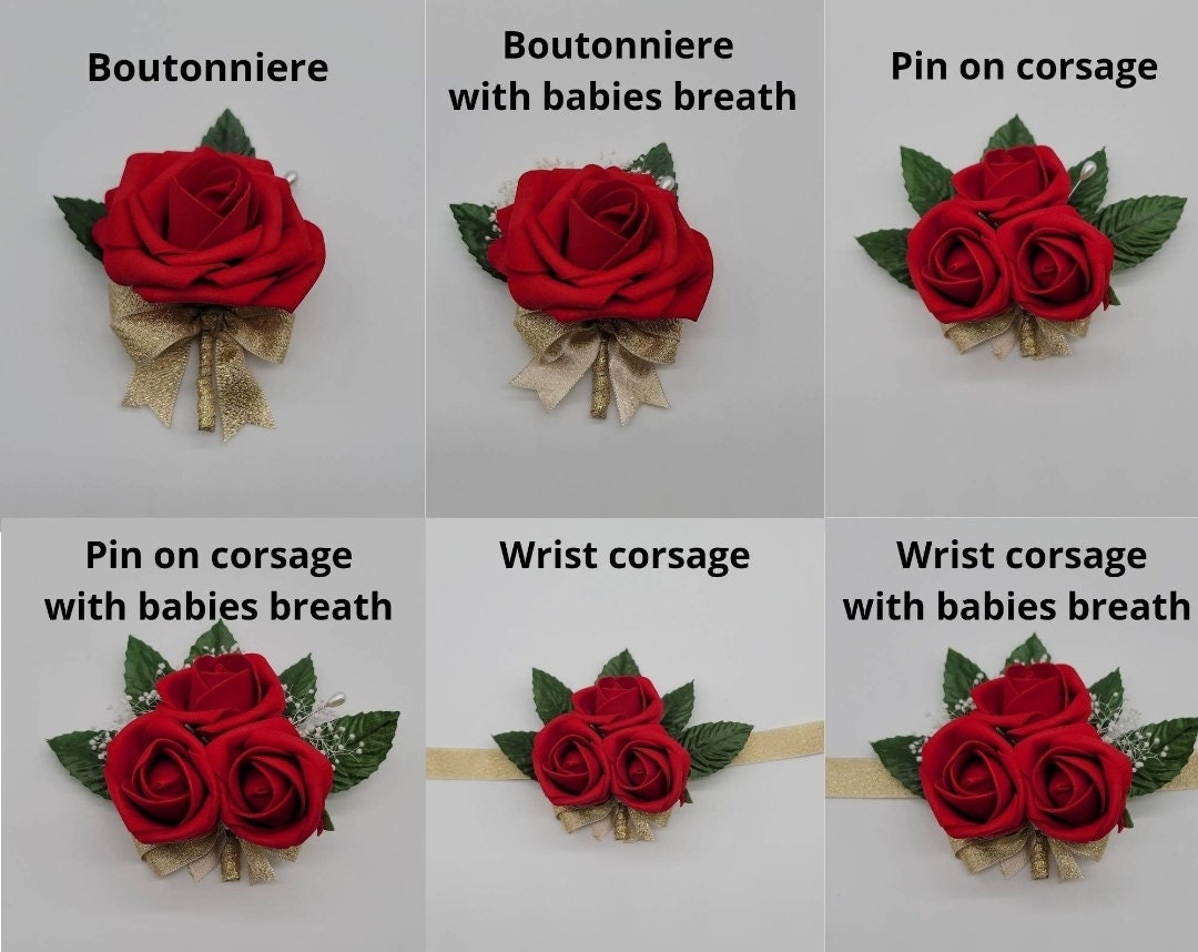 Picture of all styles of boutonnieres and corsages available. Boutonniere with or without baby's breath. Corsage available as wrist or pin on with or without baby's breath.
