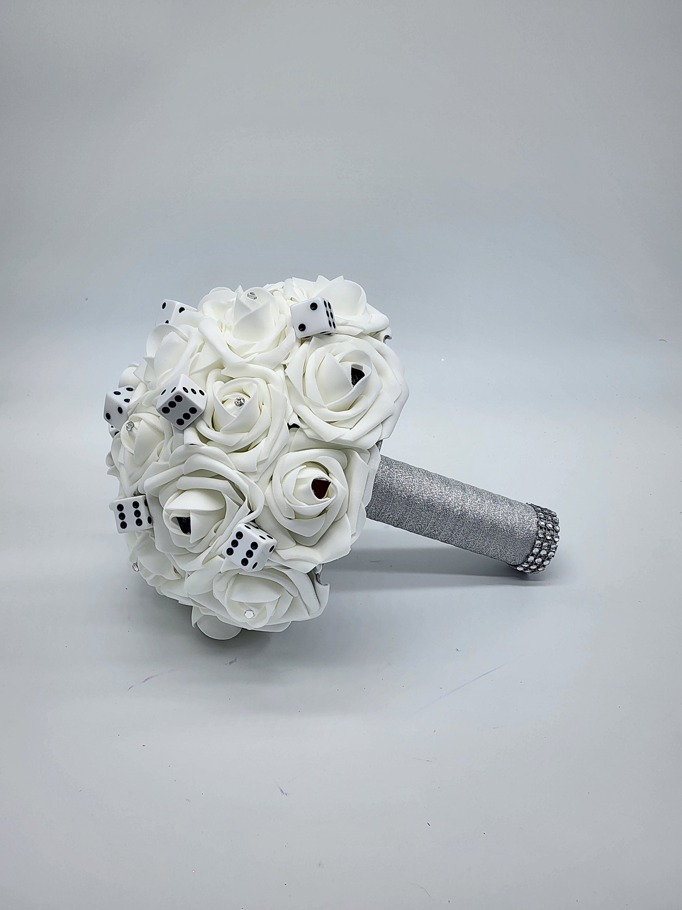 Las Vegas Themed Wedding Bouquet,White And Silver Bridal Bouquet, Bridesmaid Bouquet, Matching Boutonnieres and Corsages,Destination Wedding