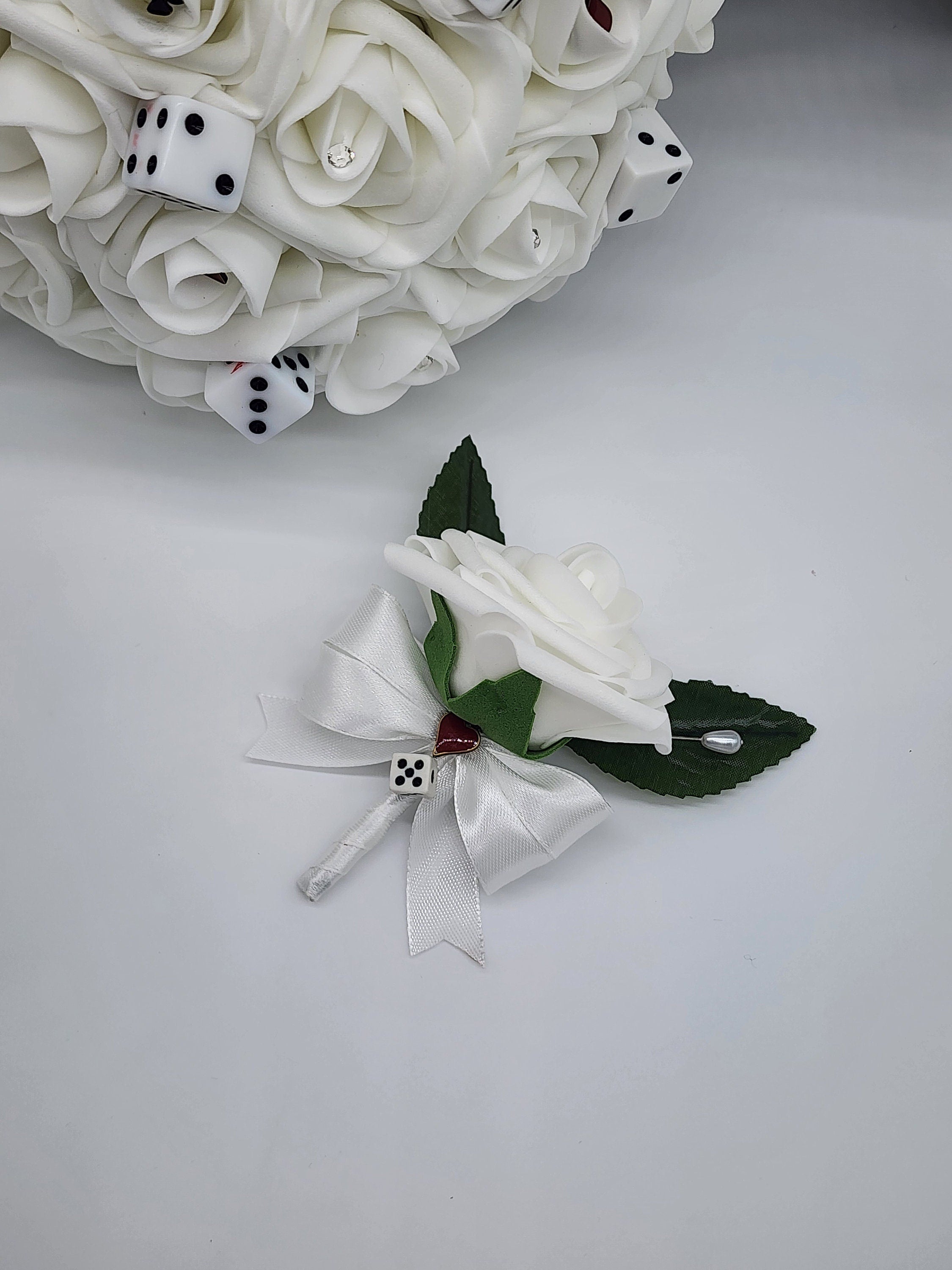 Las Vegas Themed Wedding Bouquet,White And Silver Bridal Bouquet, Bridesmaid Bouquet, Matching Boutonnieres and Corsages,Destination Wedding