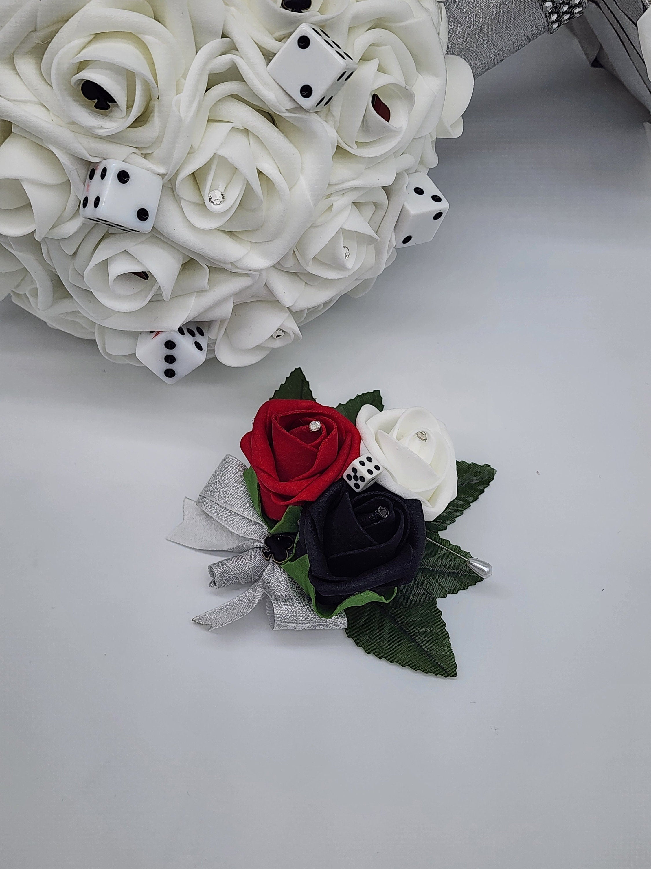 Las Vegas Themed Wedding Bouquet,White And Silver Bridal Bouquet, Bridesmaid Bouquet, Matching Boutonnieres and Corsages,Destination Wedding