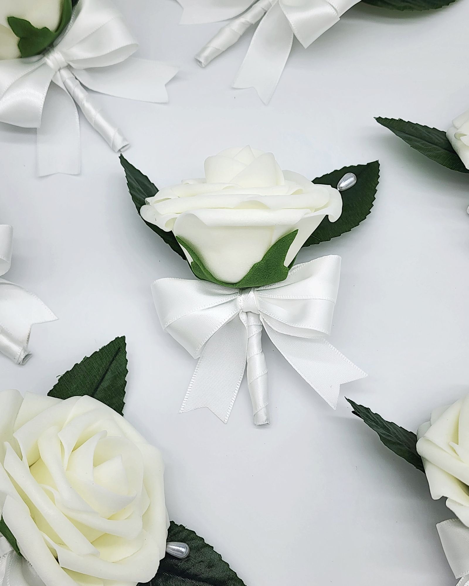 Ivory and white Boutonnieres And Corsages, Available In 27 Colors, Corsages Available In Pin On And Wrist, Matching Bouquets Available