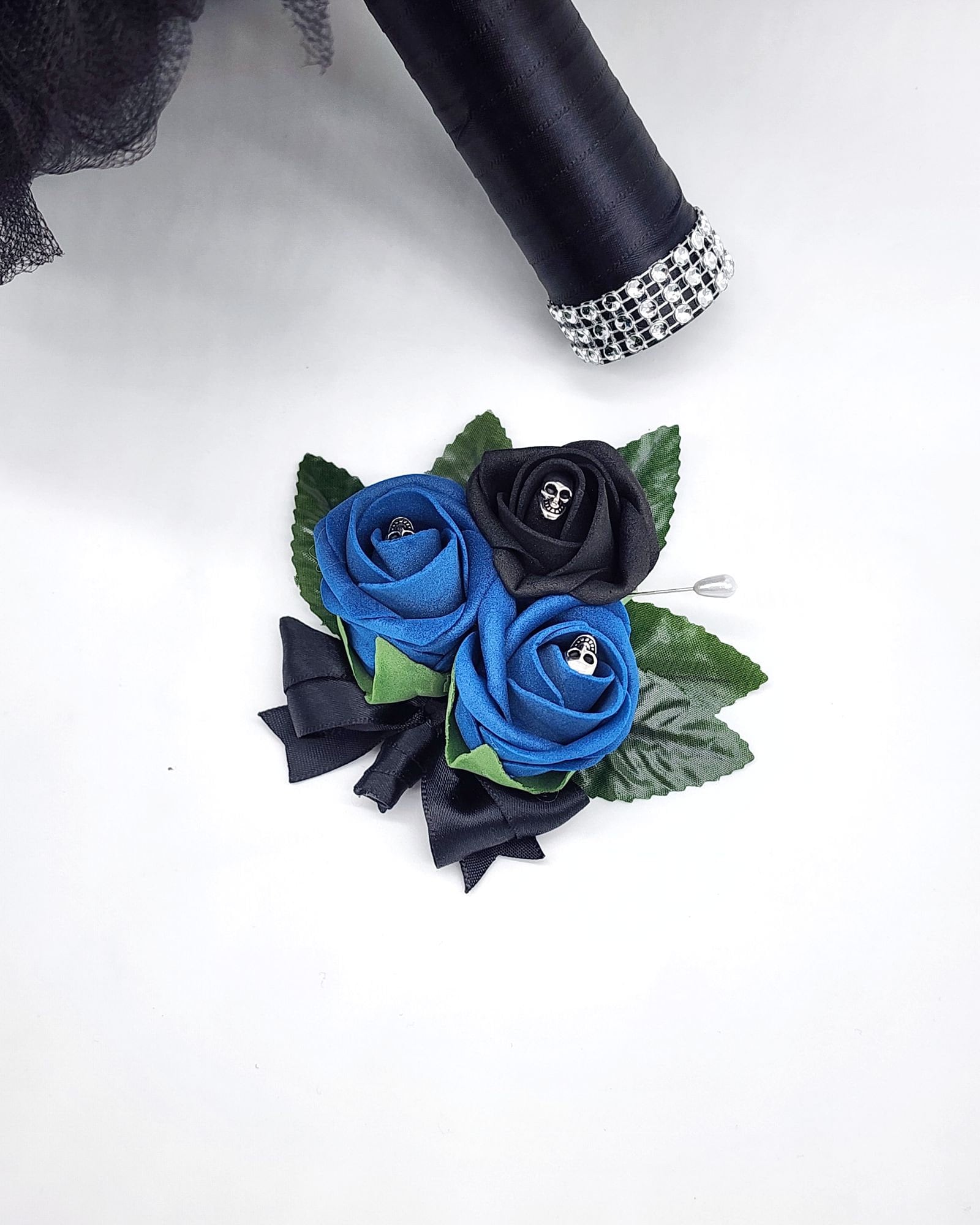 Gothic Royal Blue and Black Skull Boutonnieres And Corsages, Corsages Available in Pin on and Wrist, Halloween Wedding