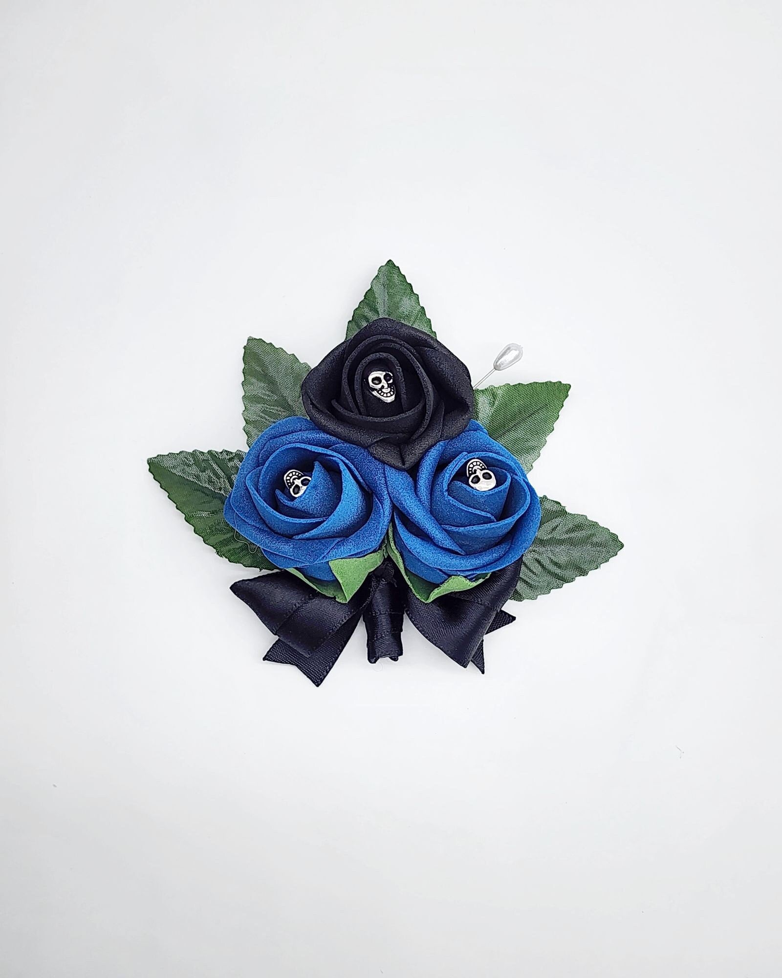 Gothic Royal Blue and Black Skull Boutonnieres And Corsages, Corsages Available in Pin on and Wrist, Halloween Wedding