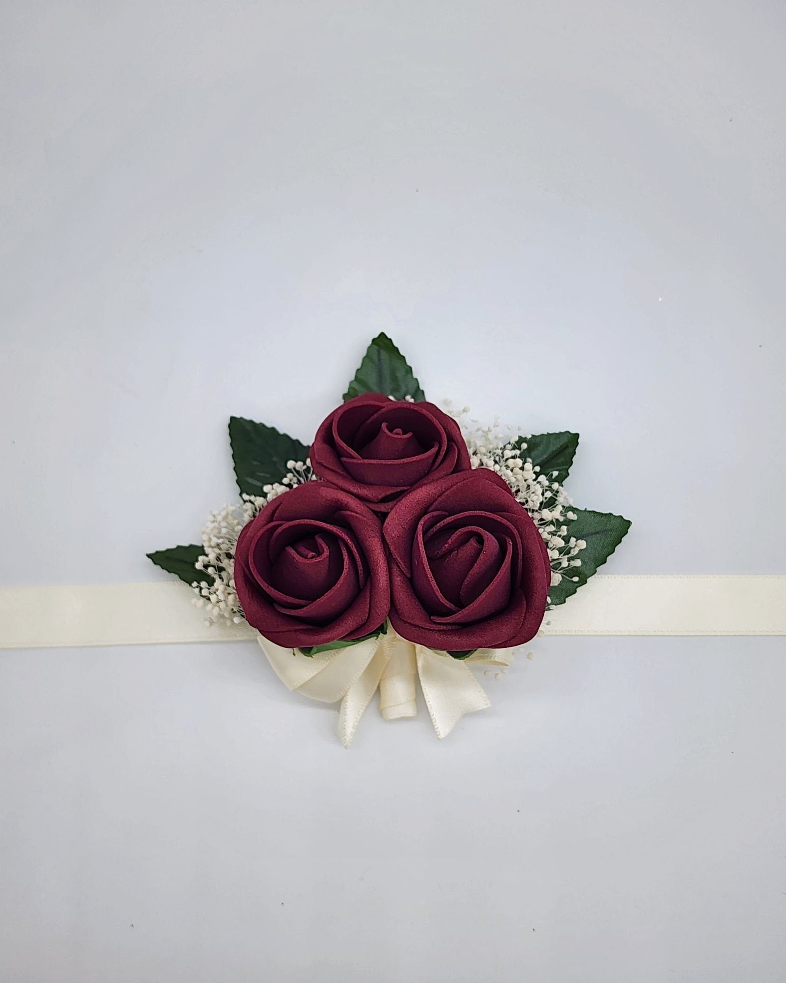 Burgundy And ivory Boutonnieres And Corsages,27 Colors Available, Corsages Available In Pin On And Wrist,Matching Bouquets Available