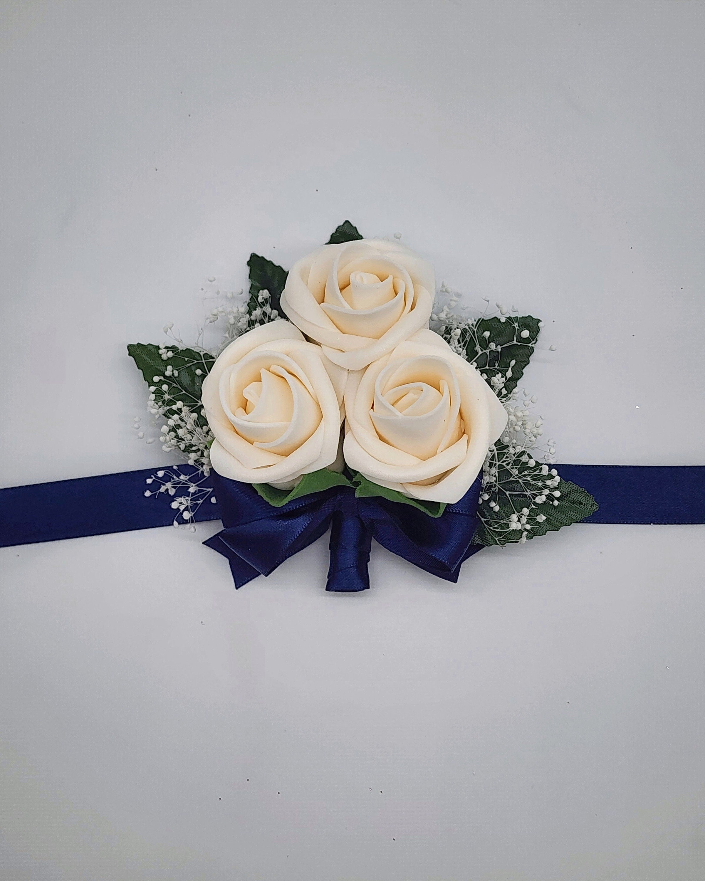 Cream And navy blue Boutonnieres And Corsages, Available In 27 Colors, Corsages Available In Pin On And Wrist, Matching Bouquets Available
