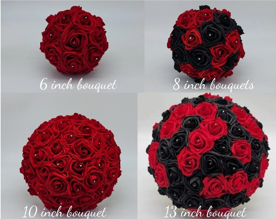 Four red and black silk rose bouquets in different sizes. The bouquets are 6 inches, 8 inches, 10 inches, and 13 inches in diameter.