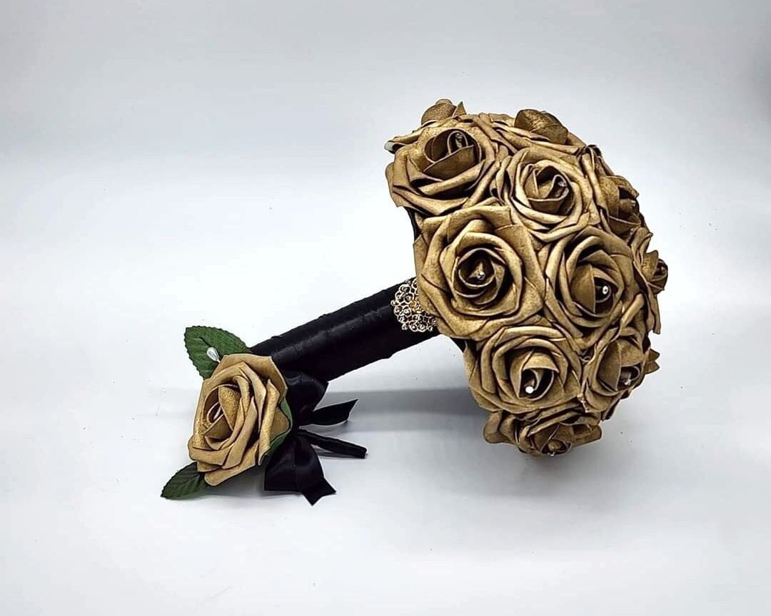 Gold and Black Wedding Bouquet Made With Real Touch Roses, Bridal Bouquet, Bridesmaid Bouquet and Matching Boutonnieres and Corsages