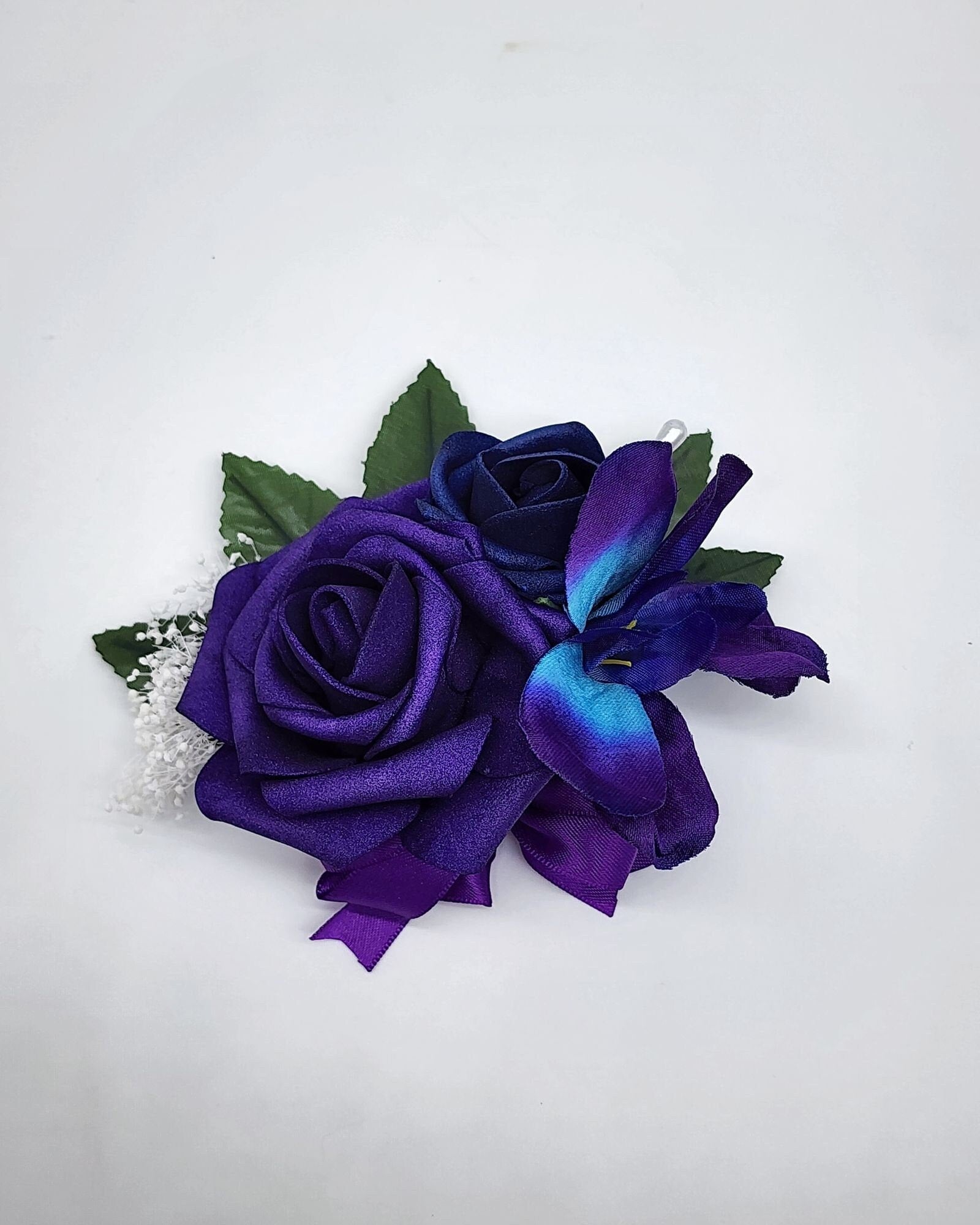 Galaxy Orchid Dark Purple And Royal Blue Corsages and Boutonnieres, 26 Colors Available, Corsages Available In Pin On And Wrist