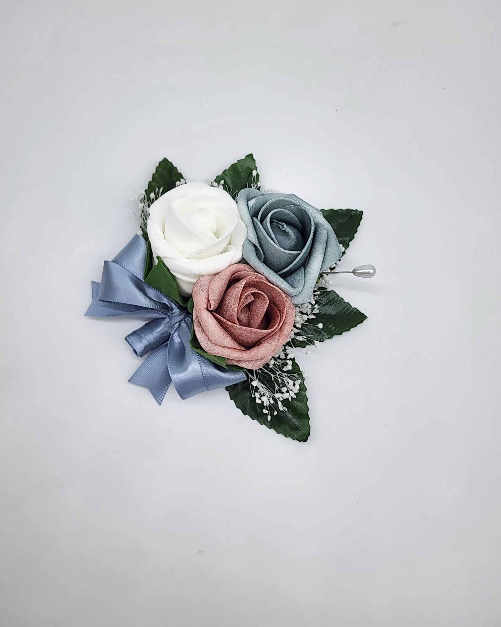 White and Dusty Blue Boutonnieres And Corsages,27 Colors Available,Matching Bouquets Available