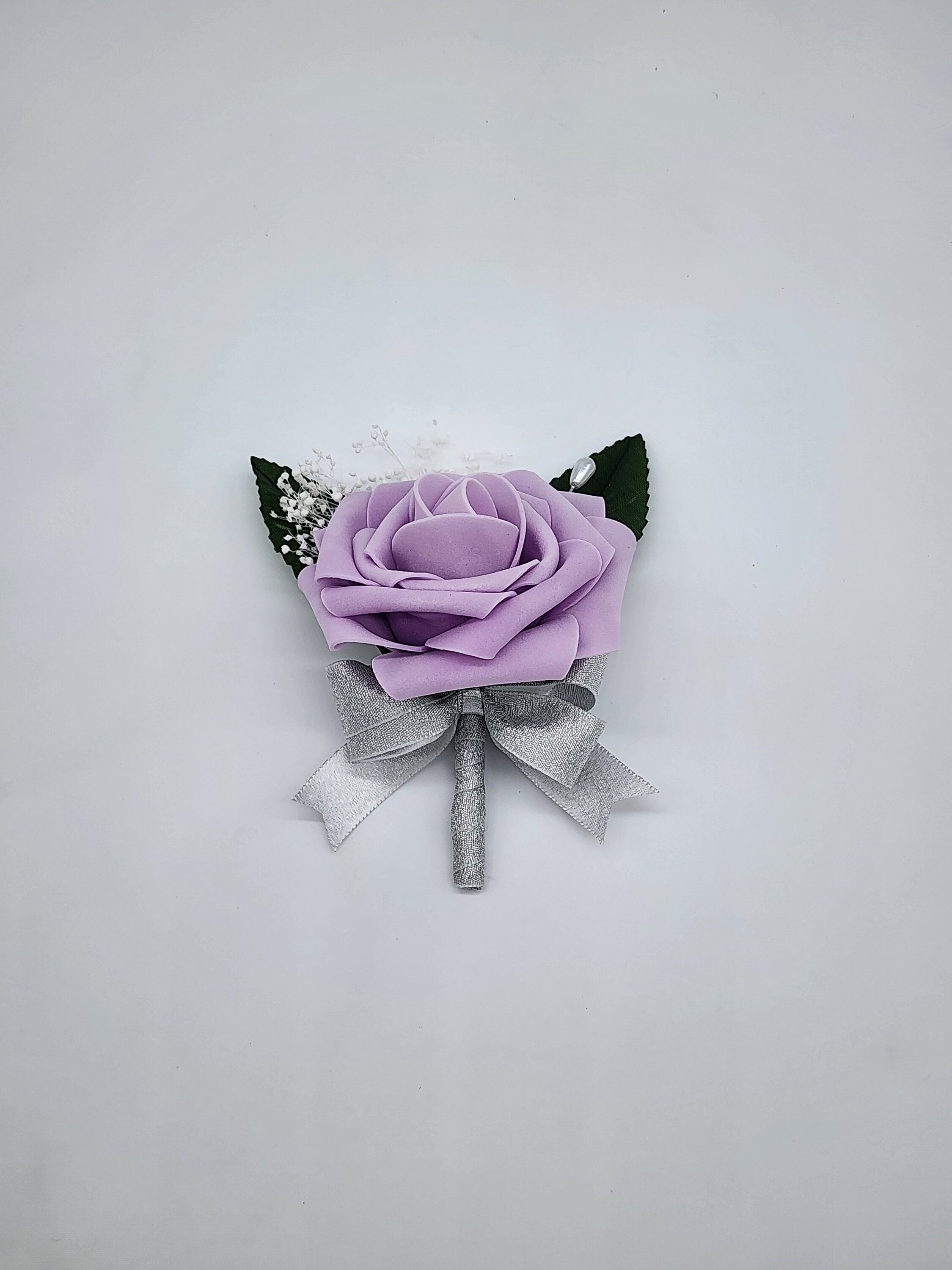 Purple, Ivory & Gray Bridal Bouquet | Real Touch Roses with Rhinestones | Silver Ribbon and Bling Handle