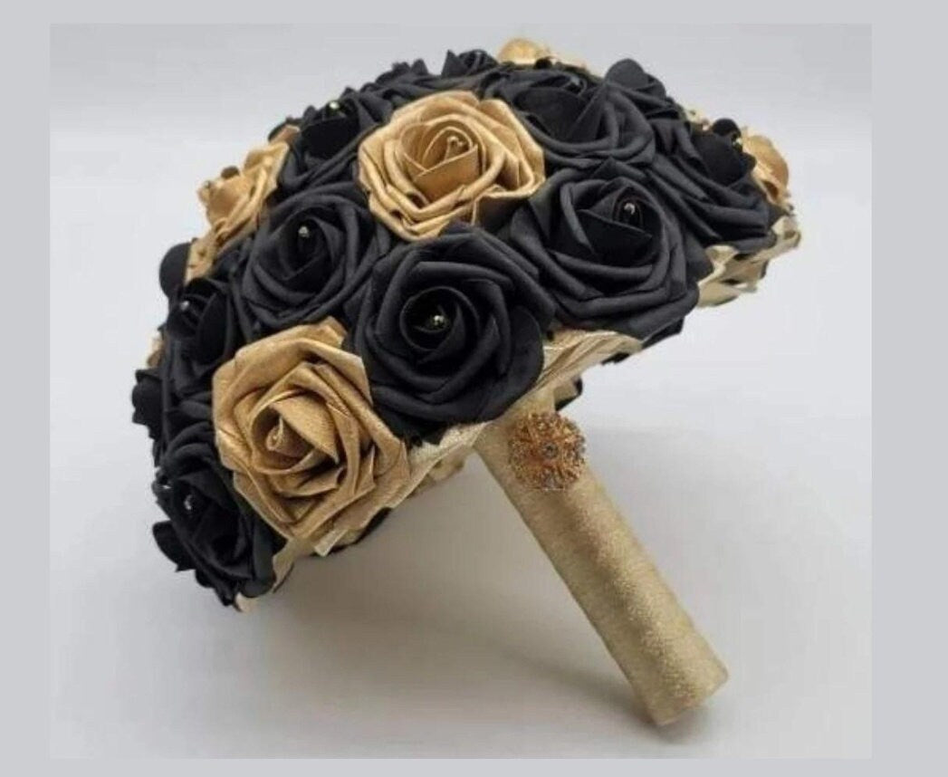 Black And Gold Boutonnieres And Corsages, Corsages Available In Pin On And Wrist, Matching Bouquets Available