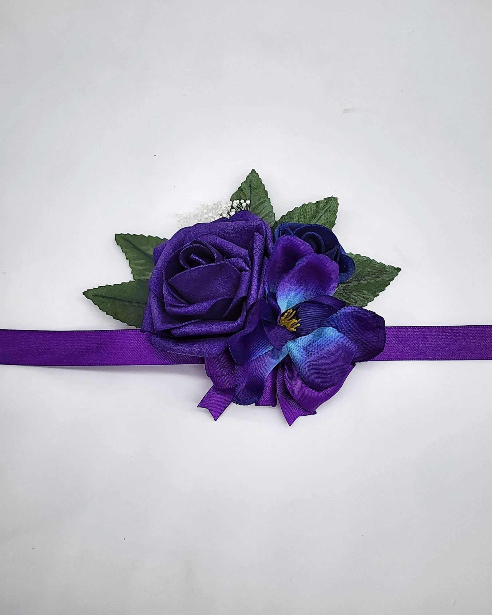 Galaxy Orchid Dark Purple And Royal Blue Corsages and Boutonnieres, 26 Colors Available, Corsages Available In Pin On And Wrist