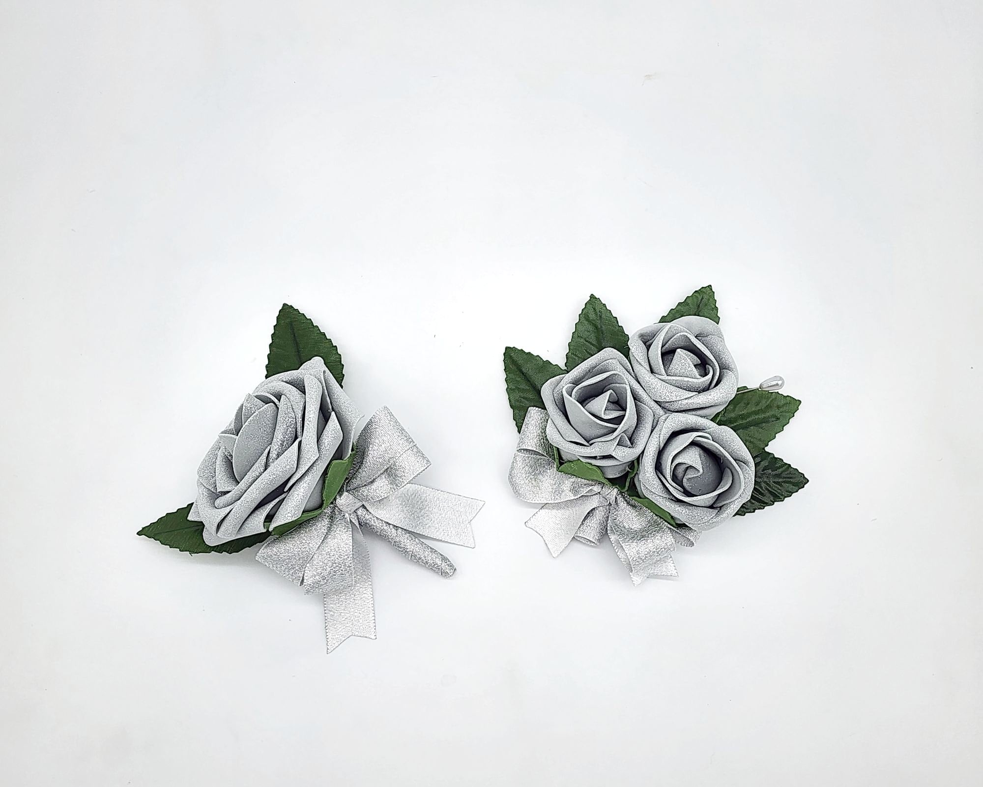 Silver Boutonnieres And Corsages, Available In 27 Colors, Corsages Available In Pin On And Wrist, Matching Bouquets Available