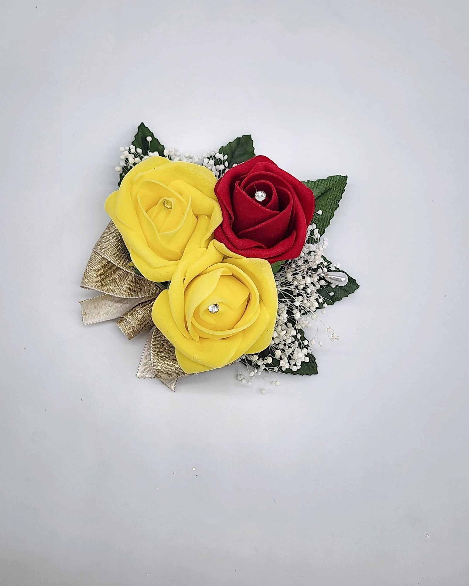 Red and Yellow Rose Boutonniere or Corsage: Gold Ribbon Accent