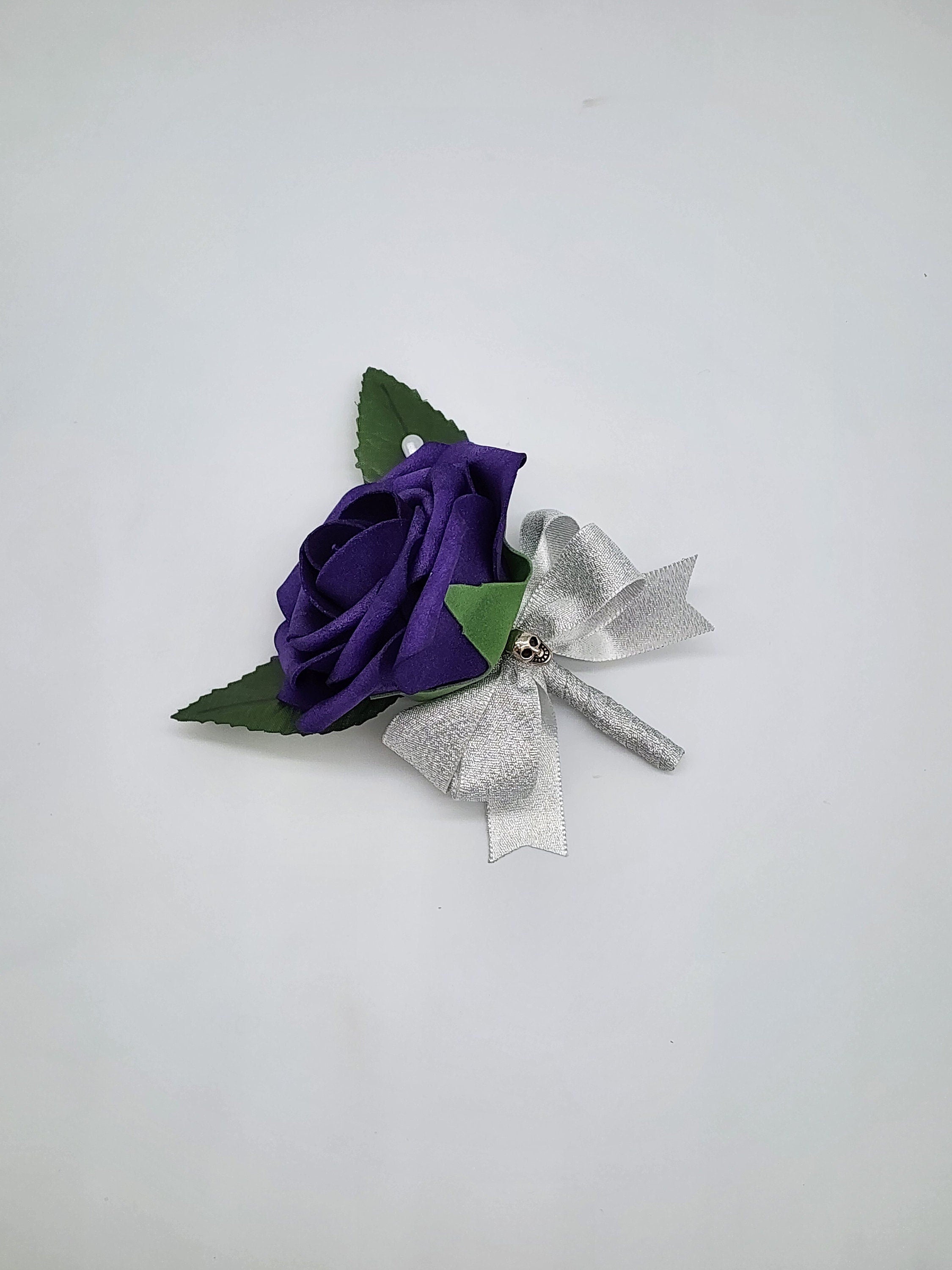 Gothic Skull Dark Purple And Silver Boutonnieres and Corsages, Corsages Available In Pin On And Wrist, Matching Bouquets Available