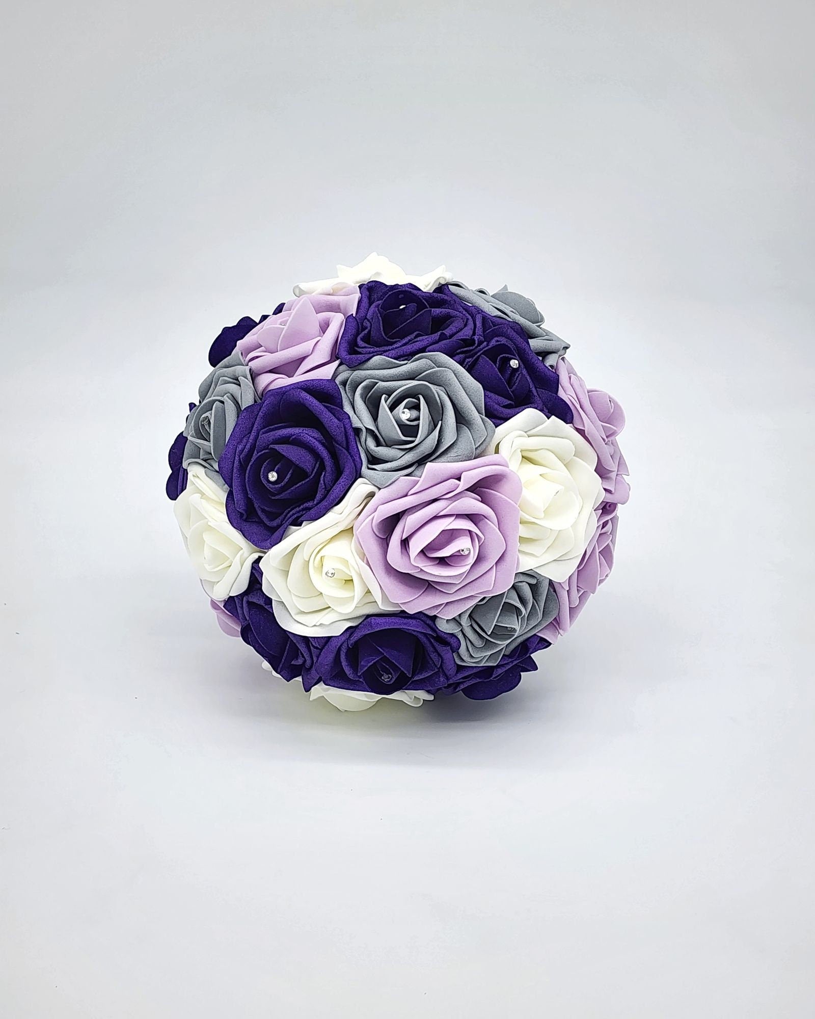 Purple, Ivory & Gray Bridal Bouquet | Real Touch Roses with Rhinestones | Silver Ribbon and Bling Handle