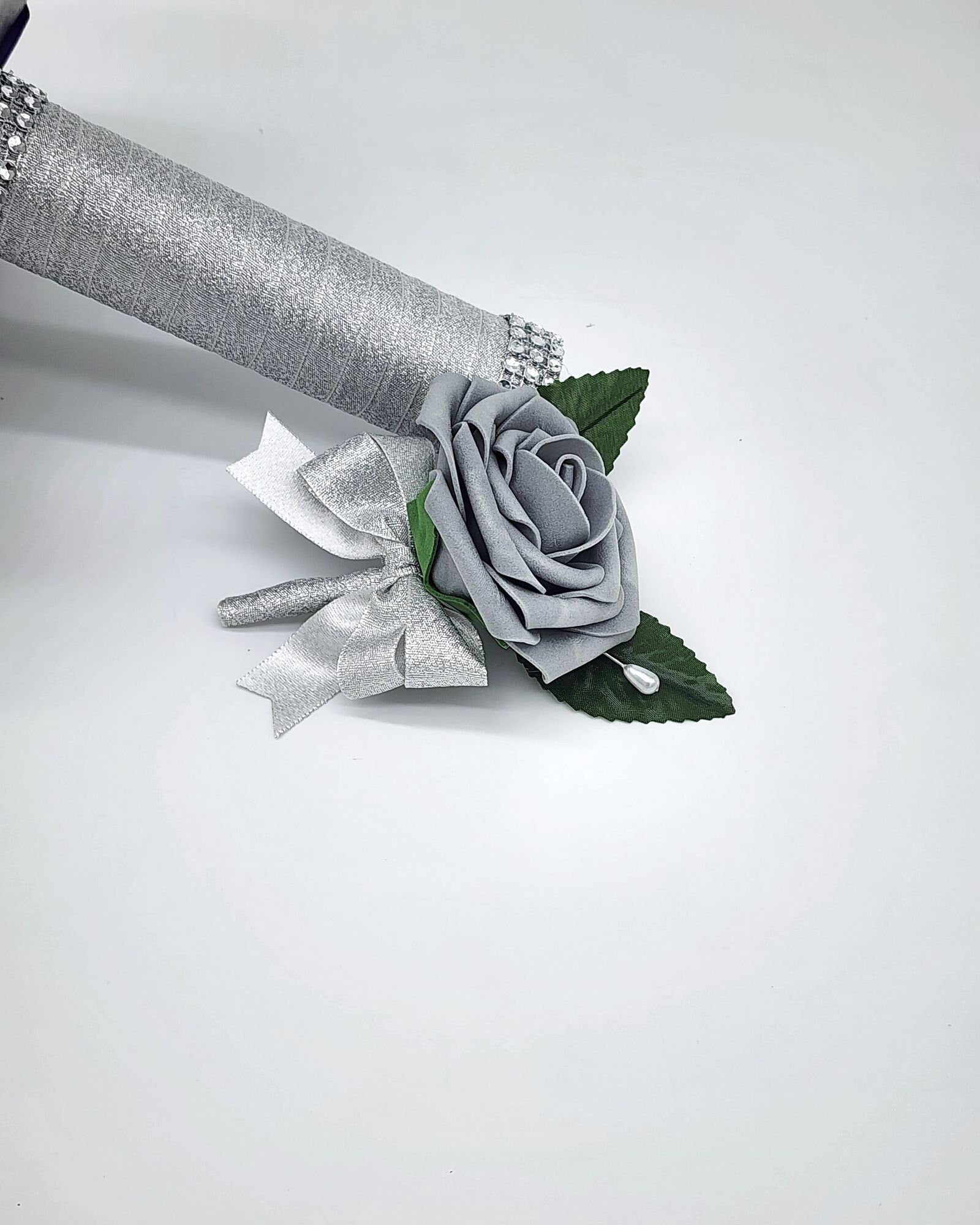 Purple, Ivory & Gray Bridal Bouquet | Real Touch Roses with Rhinestones | Silver Ribbon and Bling Handle