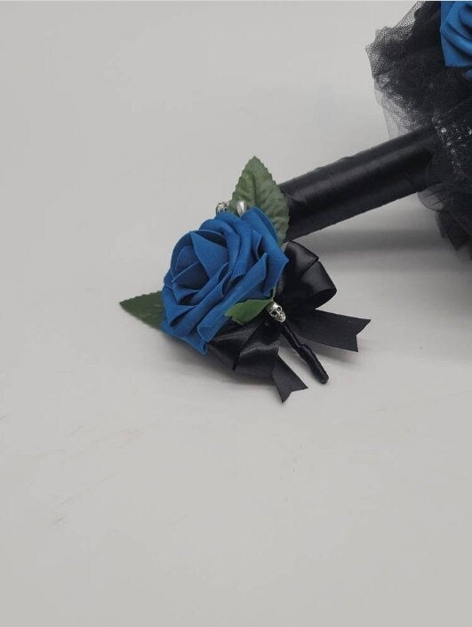 Gothic Royal Blue and Black Skull Boutonnieres And Corsages, Corsages Available in Pin on and Wrist, Halloween Wedding