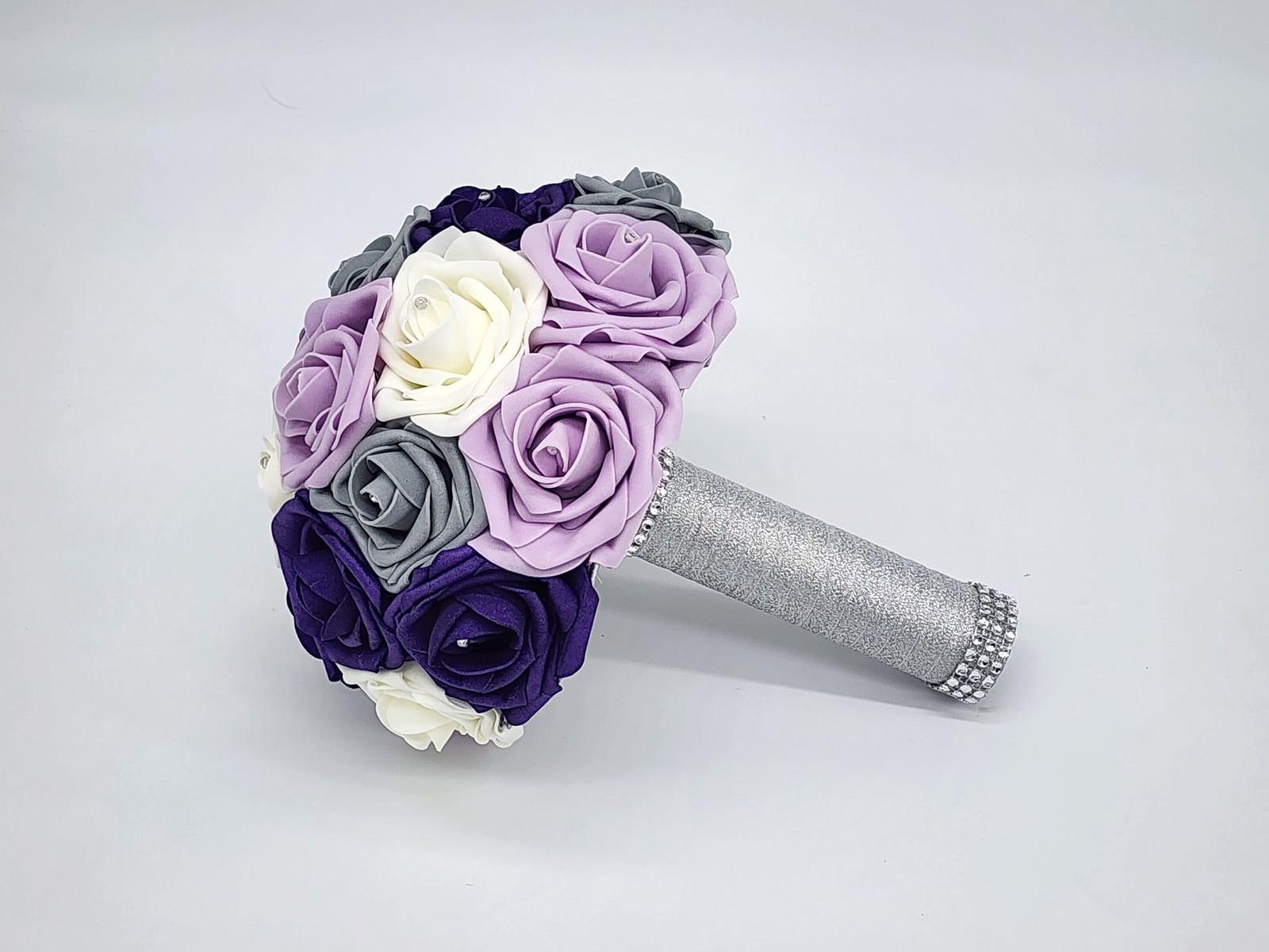 Purple, Ivory & Gray Bridal Bouquet | Real Touch Roses with Rhinestones | Silver Ribbon and Bling Handle