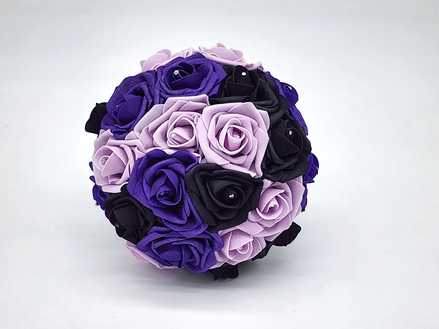 Purple, Lilac and Black Bridal Bouquet | Real Touch Roses | Black Ribbon and Bling Handle