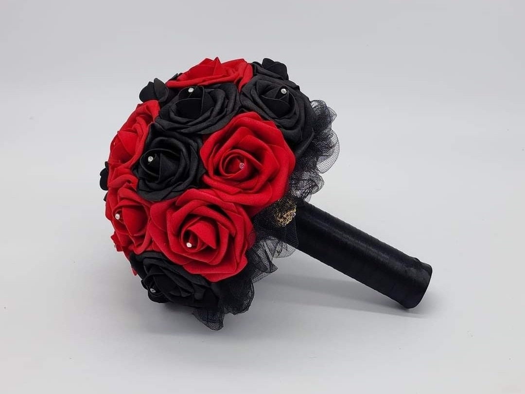 Red And Black Wedding Bouquet, Available in Bridal, Bridesmaid, and Toss Bouquets-Matching Boutonnieres-Corsages
