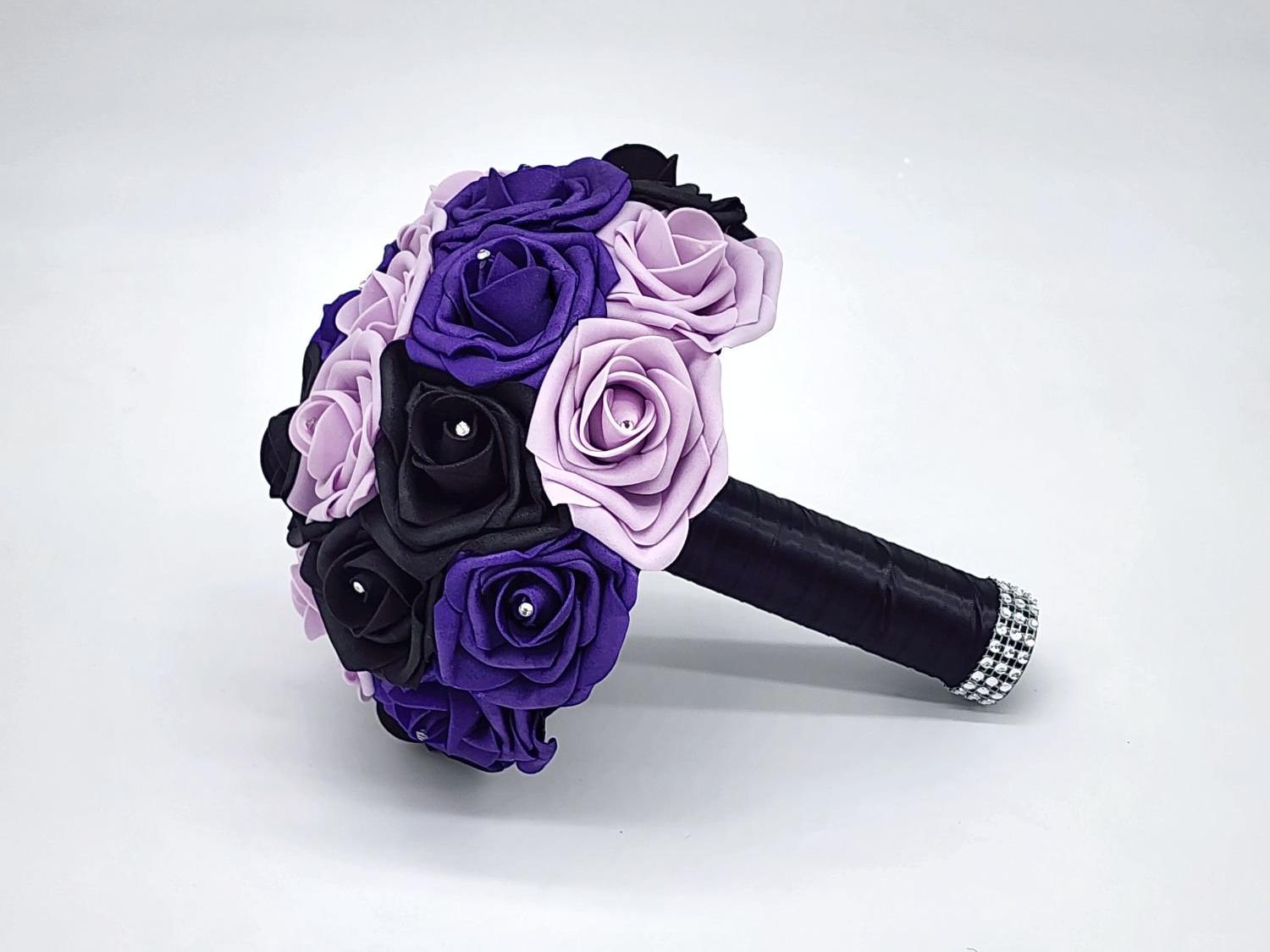 Purple, Lilac and Black Bridal Bouquet | Real Touch Roses | Black Ribbon and Bling Handle