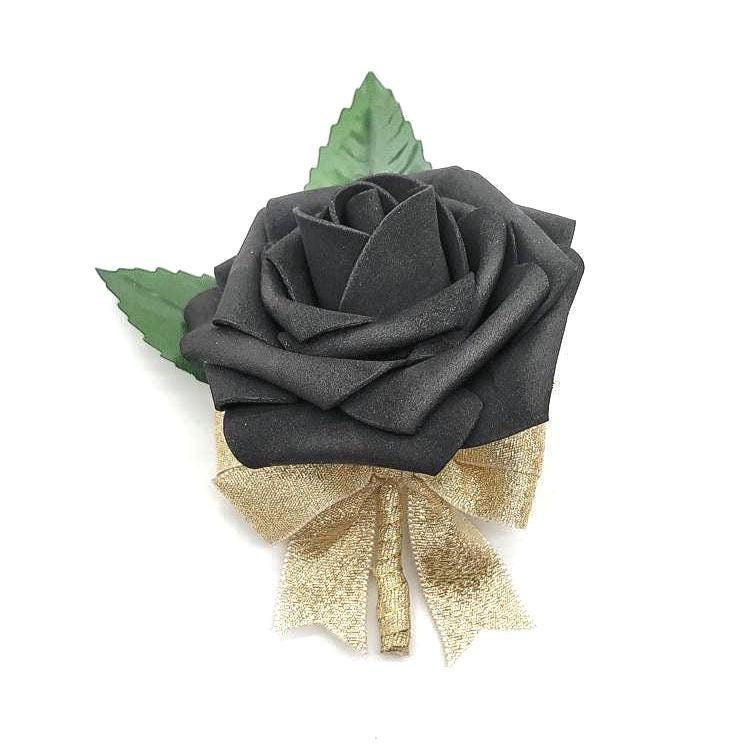 Black And Gold Boutonnieres And Corsages, Corsages Available In Pin On And Wrist, Matching Bouquets Available